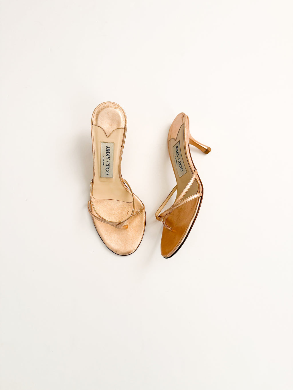 Jimmy Choo Rose Gold Metallic Thong Strappy Heels