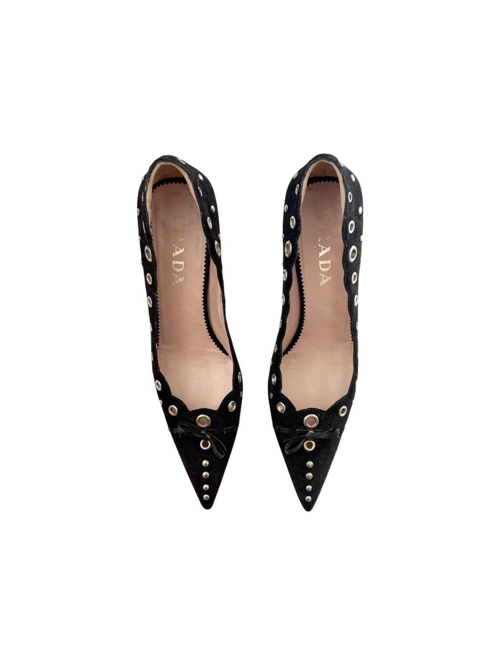 Prada Black Suede Eyelet Bow Pointed Pumps
