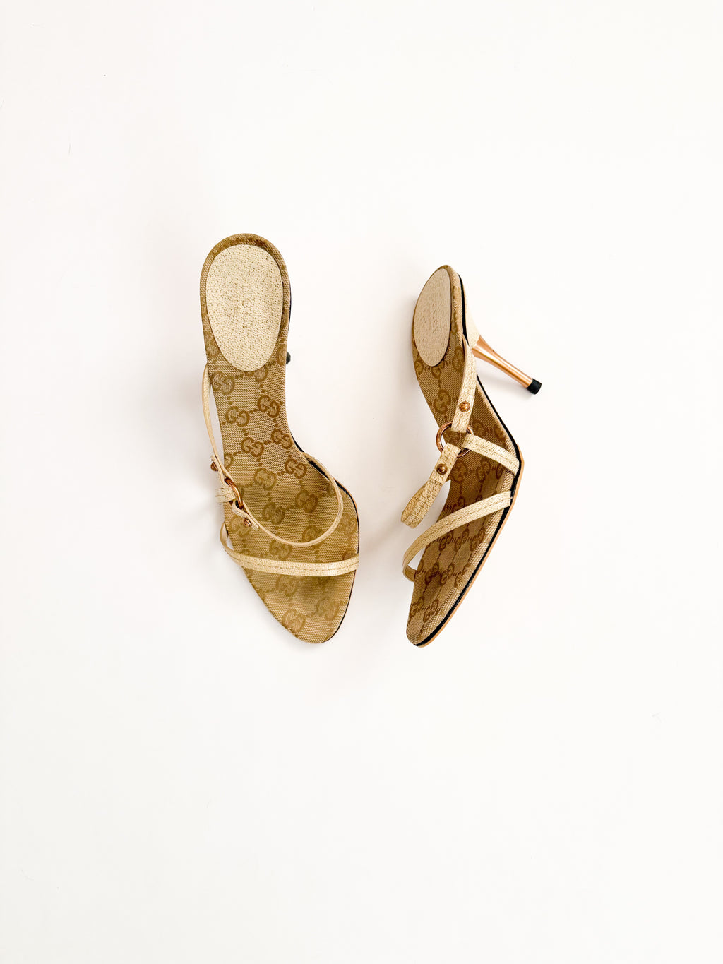 Gucci Beige Monogram Strappy Pointed Heels