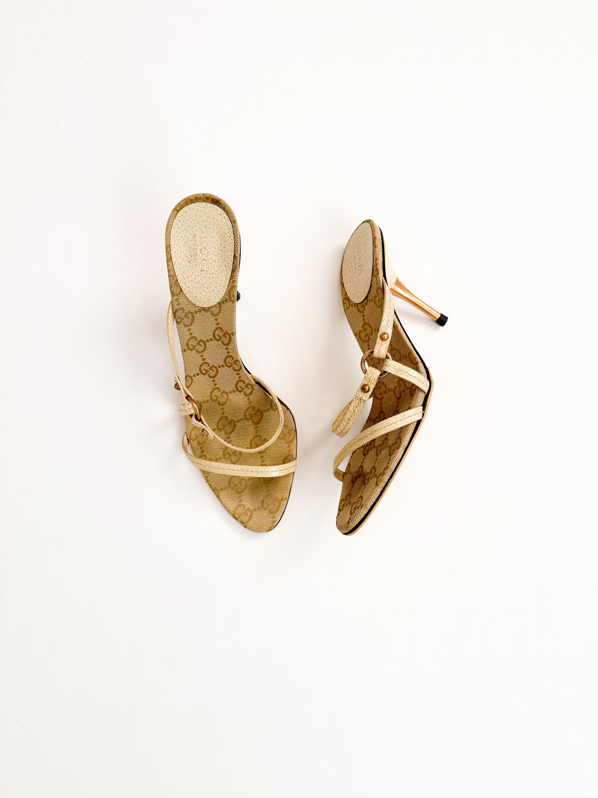 Gucci Beige Monogram Strappy Pointed Heels