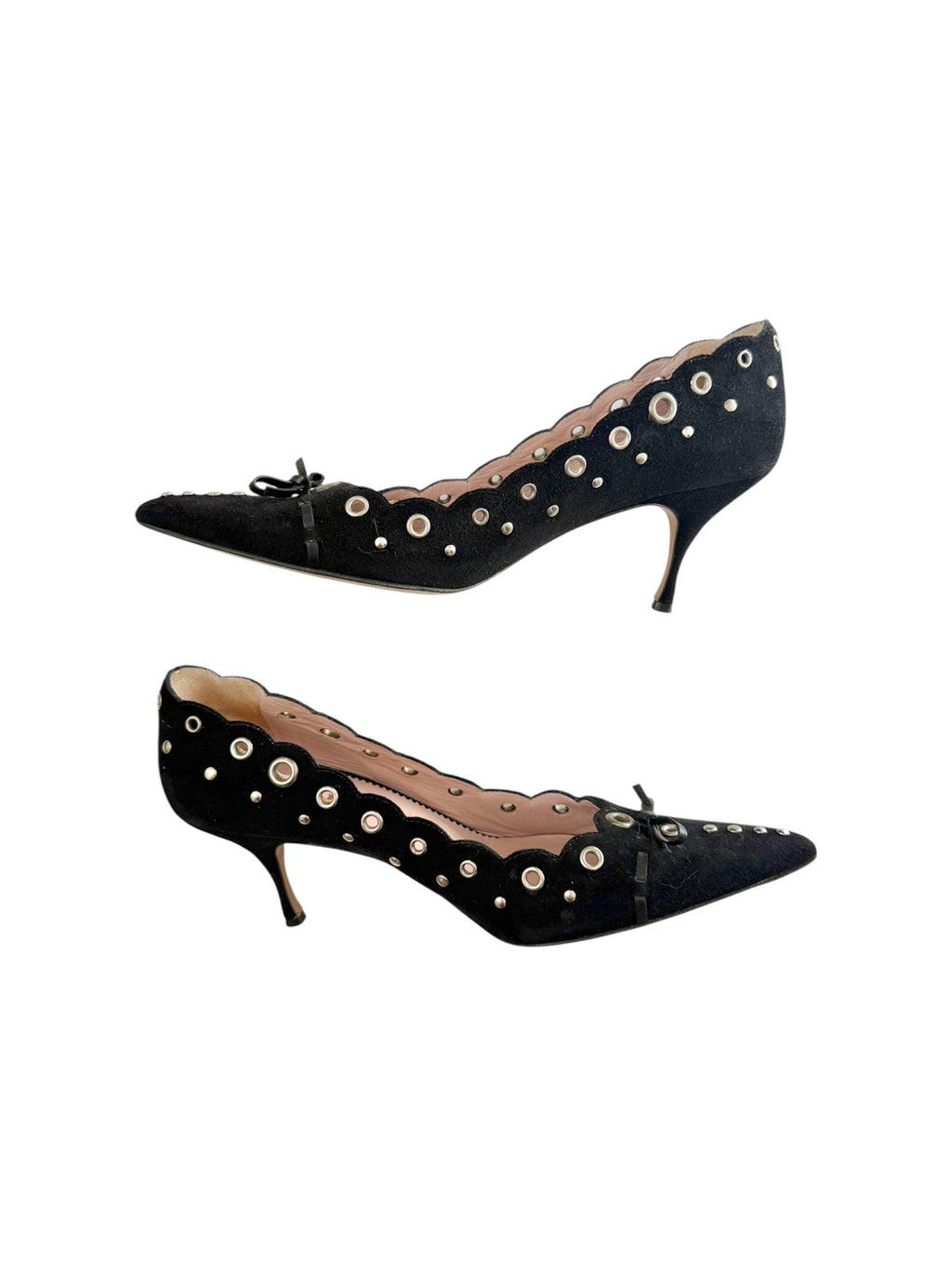 Prada Black Suede Eyelet Bow Pointed Pumps