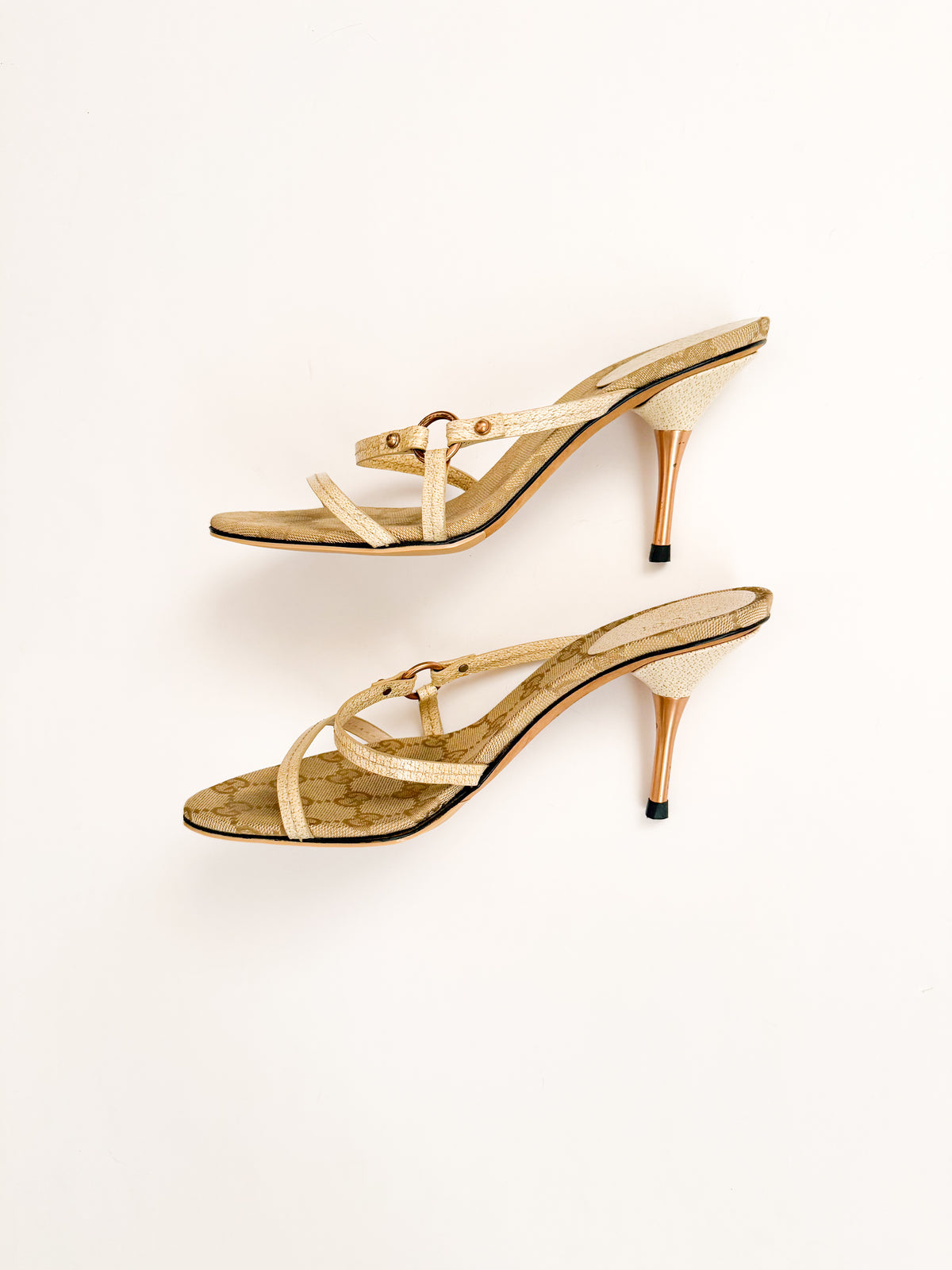 Gucci Beige Monogram Strappy Pointed Heels