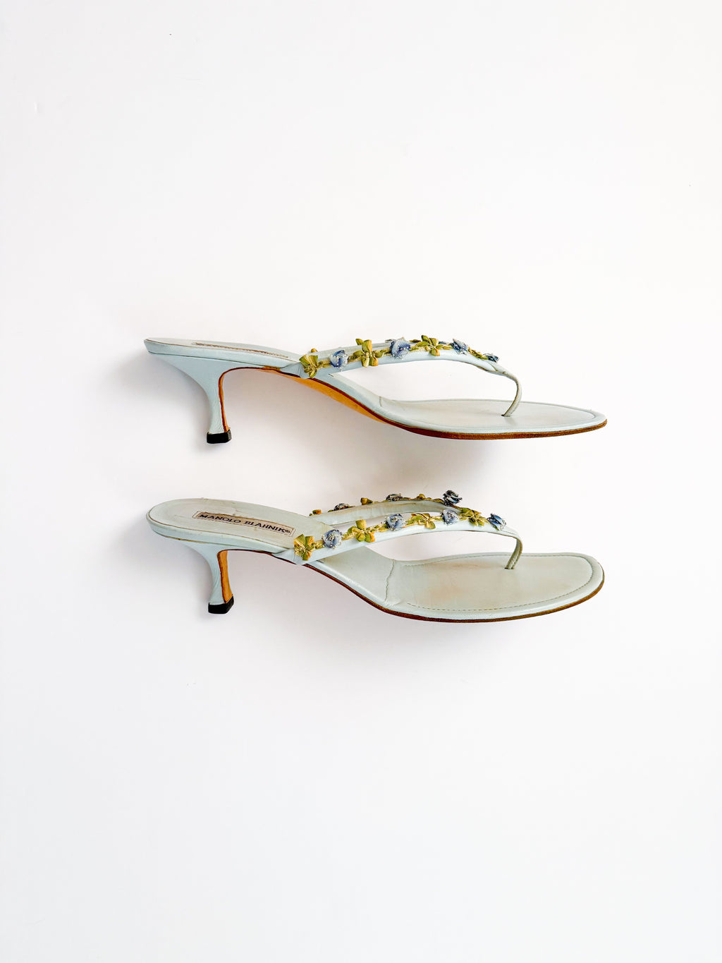 Manolo Blahnik Floral Blue Thong Heels