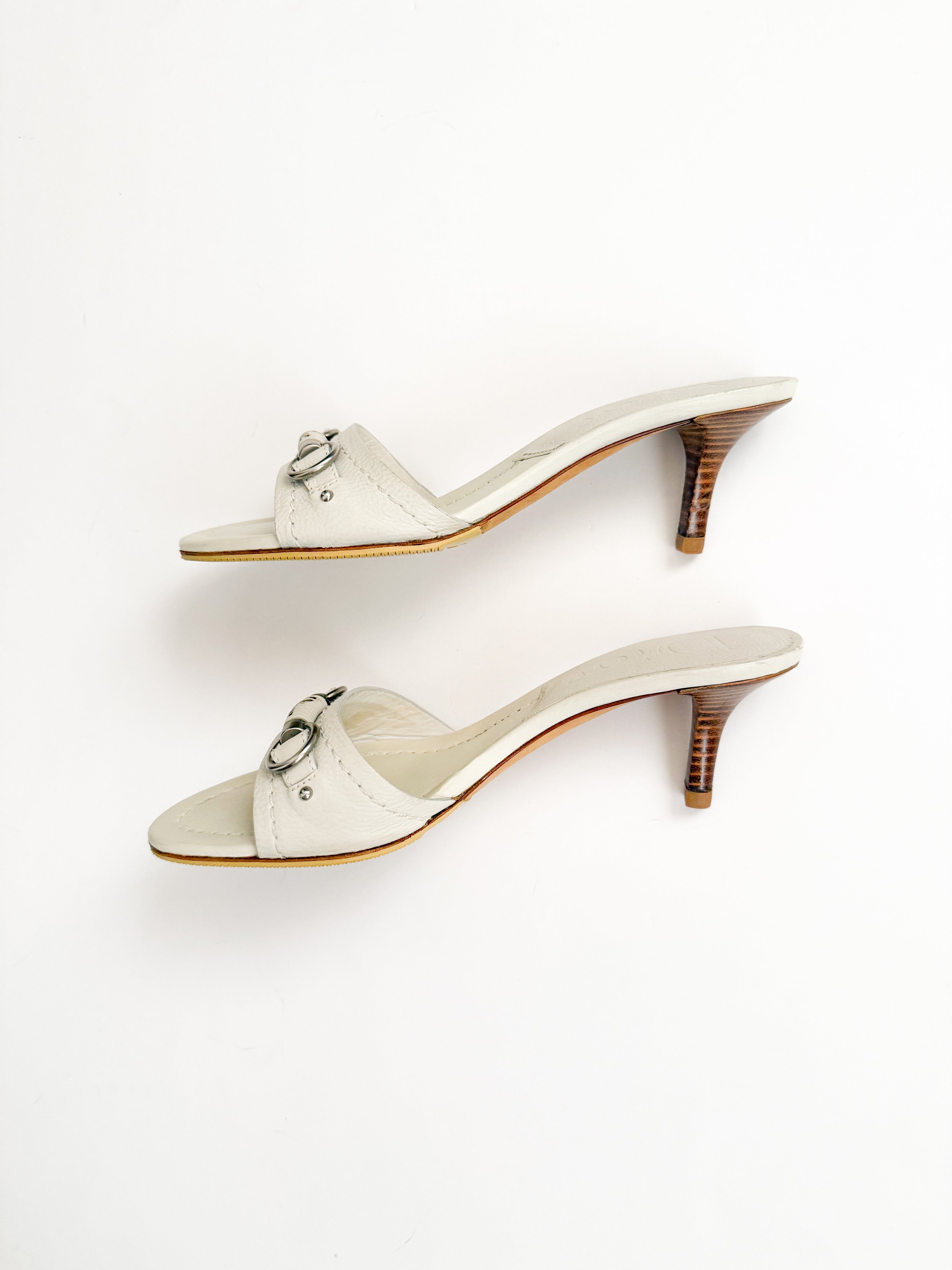 Christian Dior White Leather Silver Bar Kitten Heels