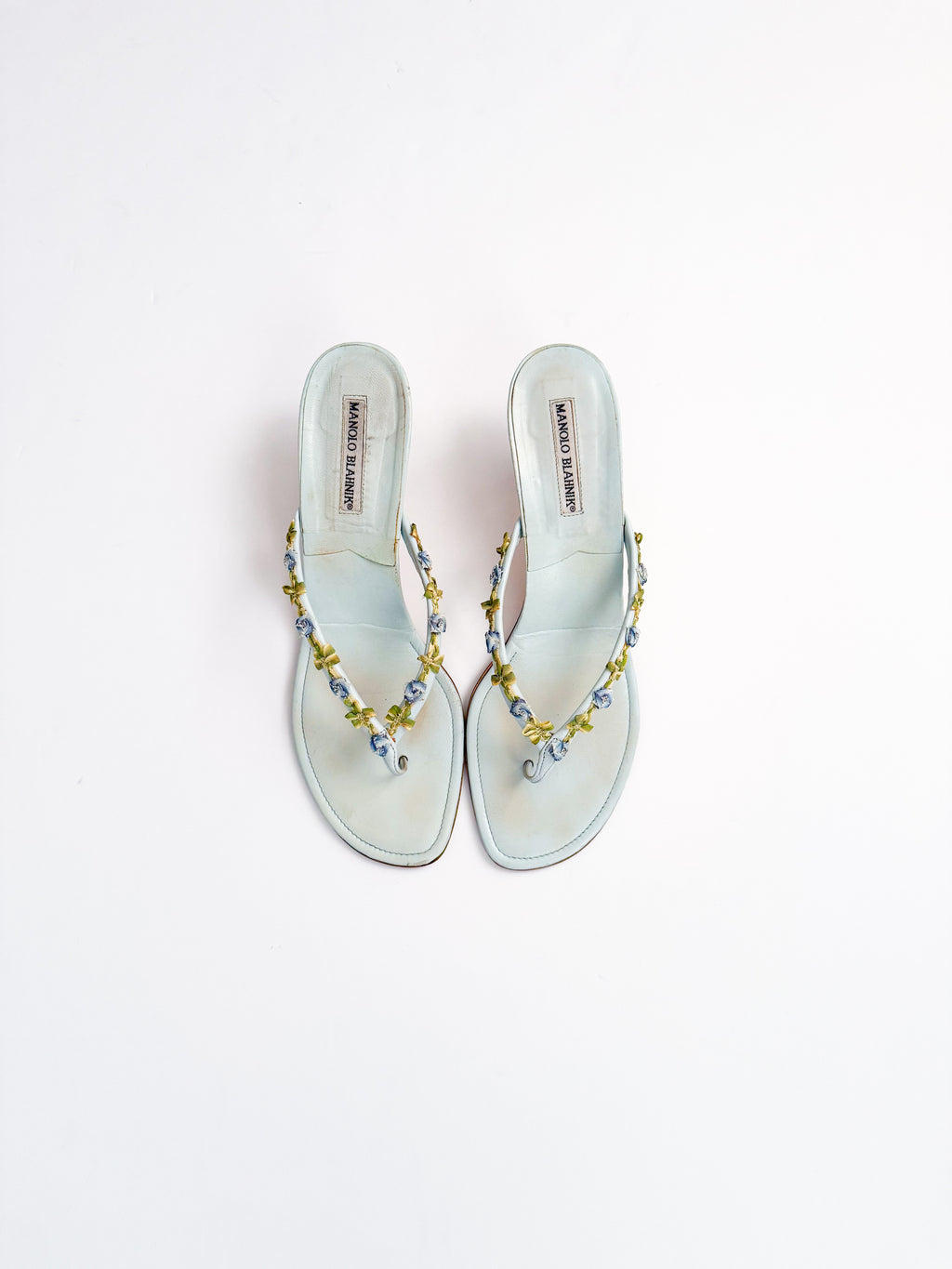 Manolo Blahnik Floral Blue Thong Heels
