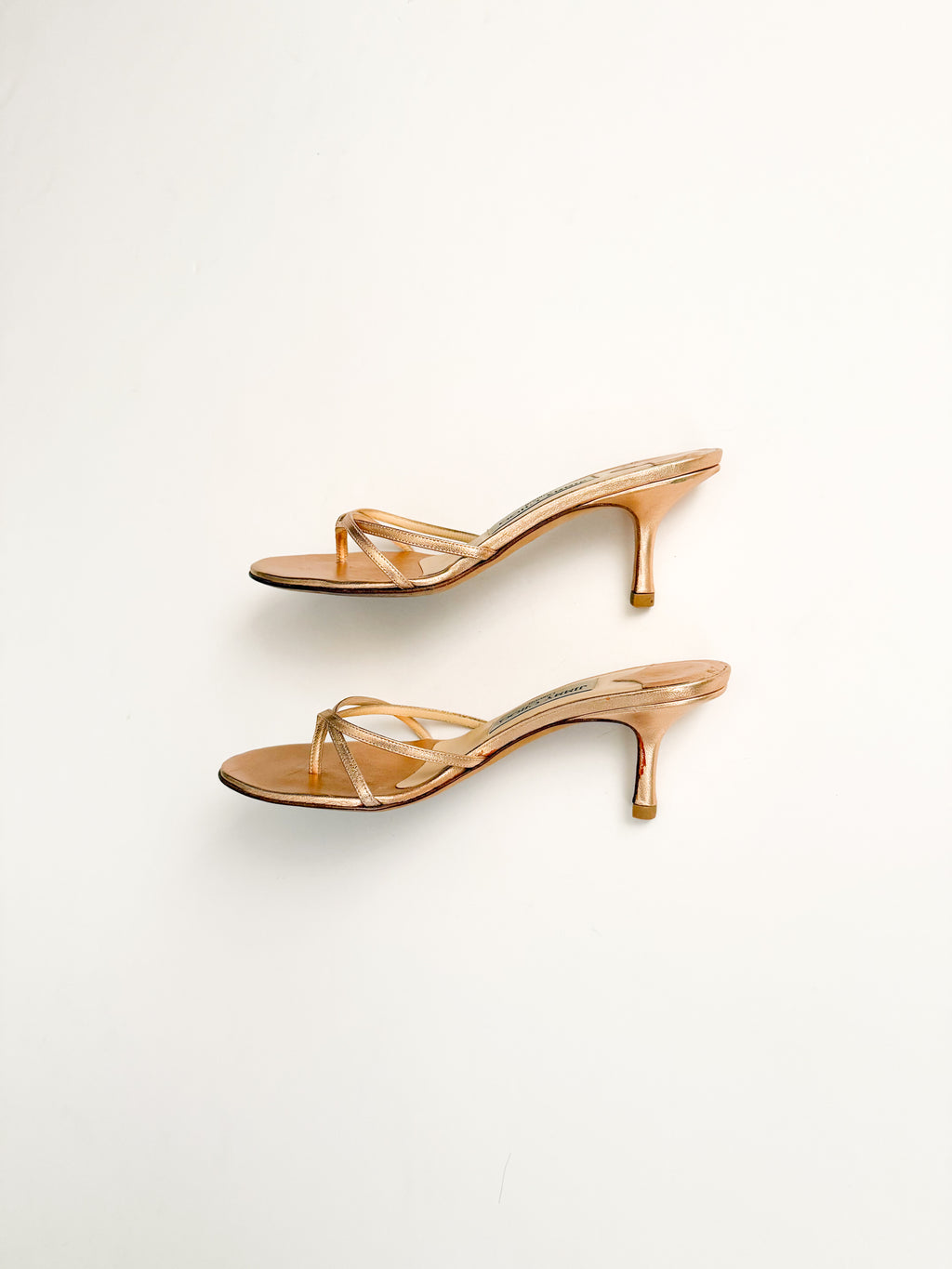 Jimmy Choo Rose Gold Metallic Thong Strappy Heels