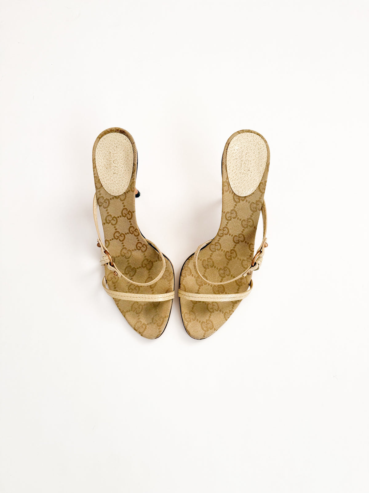 Gucci Beige Monogram Strappy Pointed Heels