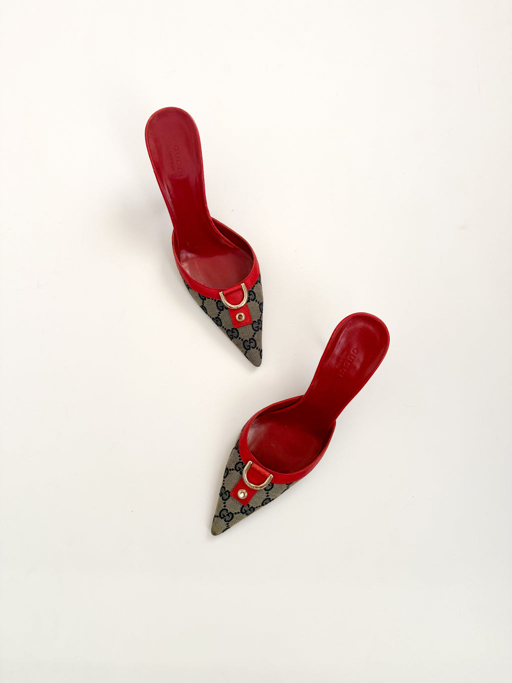 Gucci Red Leather Monogram Pointed Mules
