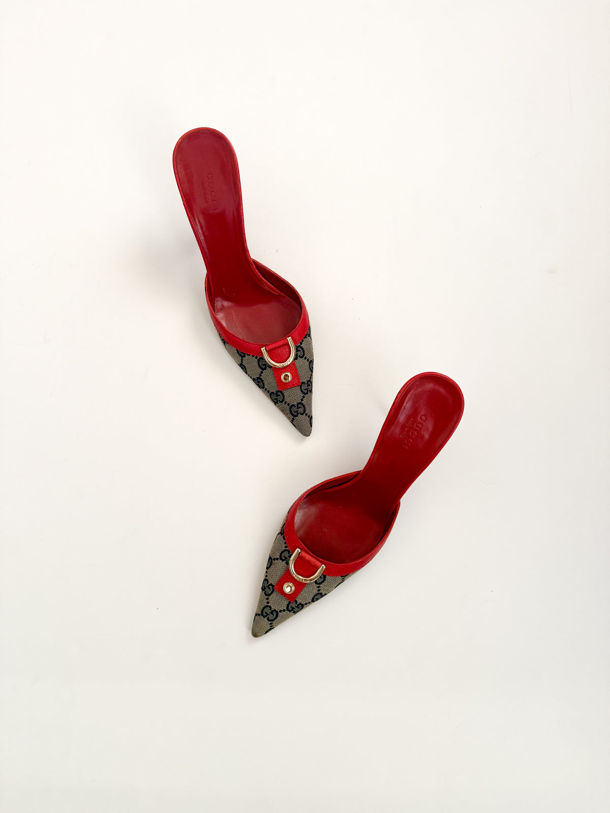 Gucci Red Leather Monogram Pointed Mules