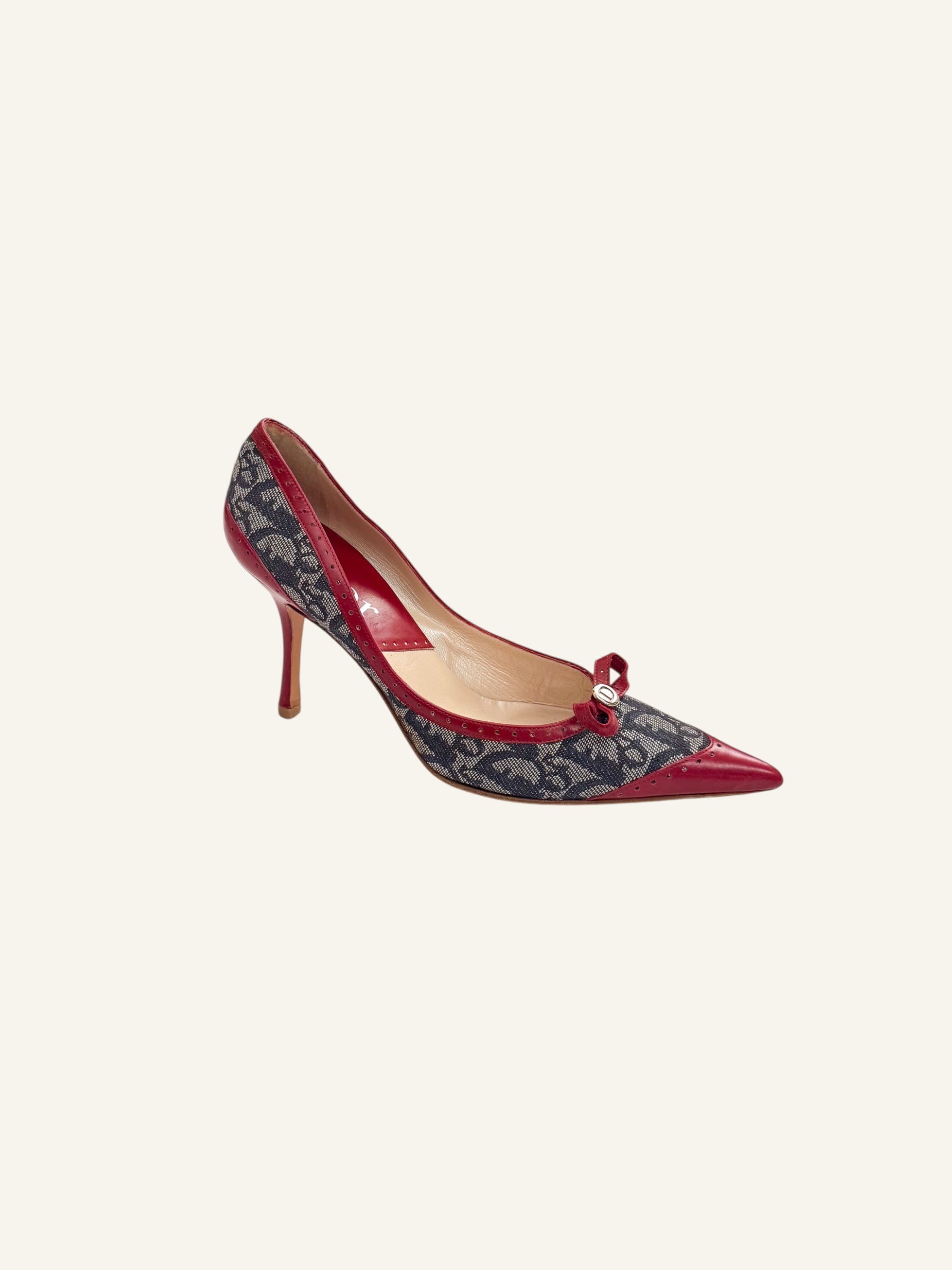 Christian Dior Monogram Denim Red Bow Pumps