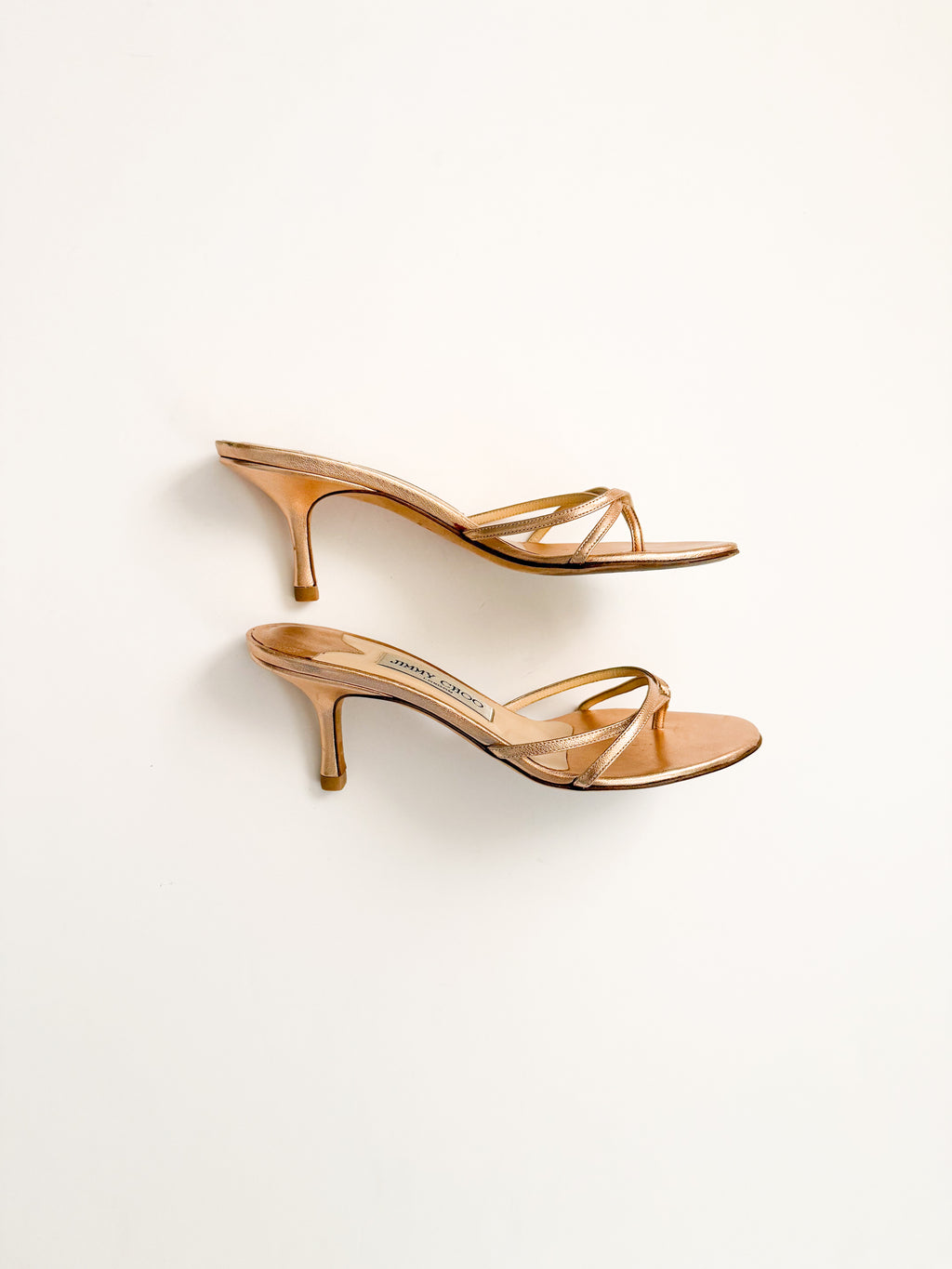 Jimmy Choo Rose Gold Metallic Thong Strappy Heels