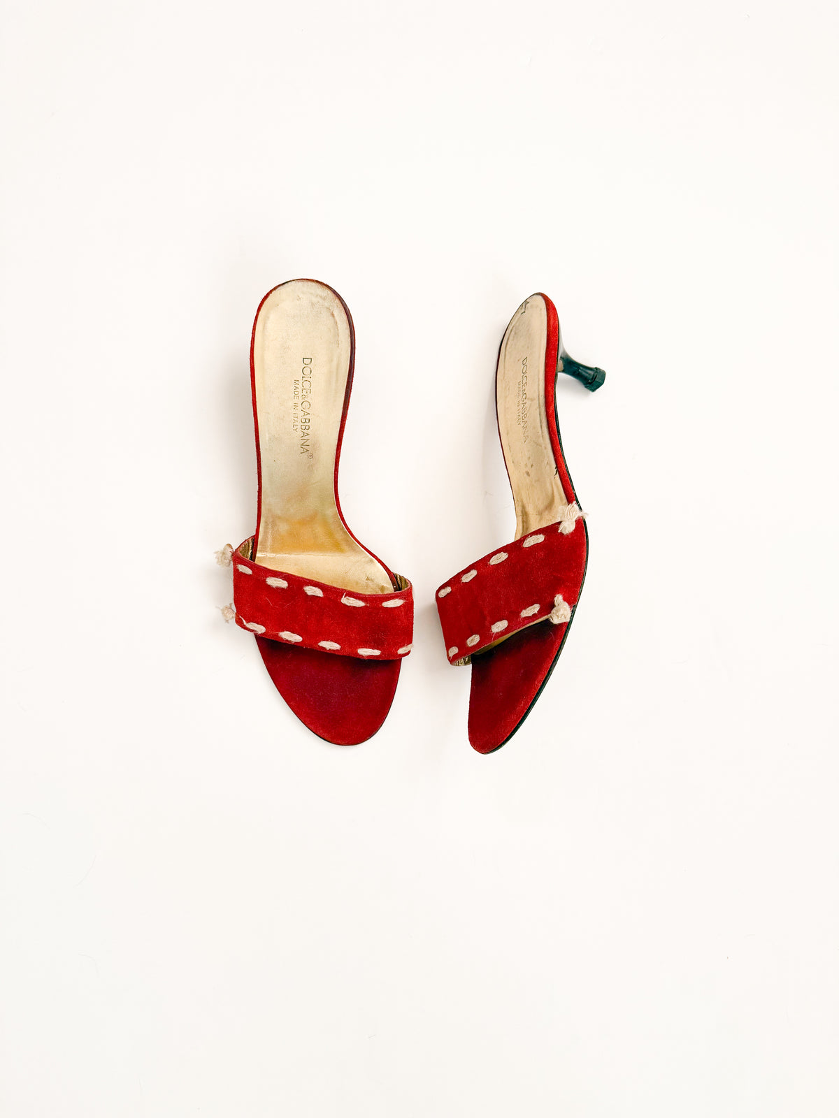 Dolce & Gabbana Red Suede Embroidered Kitten Heels