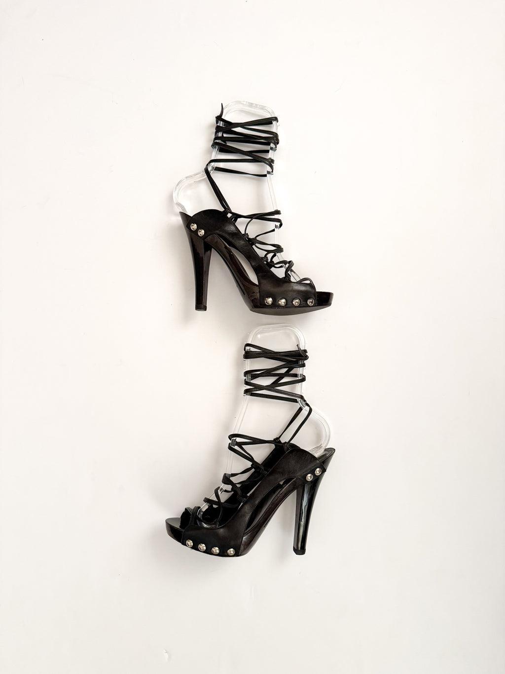 Manolo Blahnik Black Strappy Lace Up Studded Heels