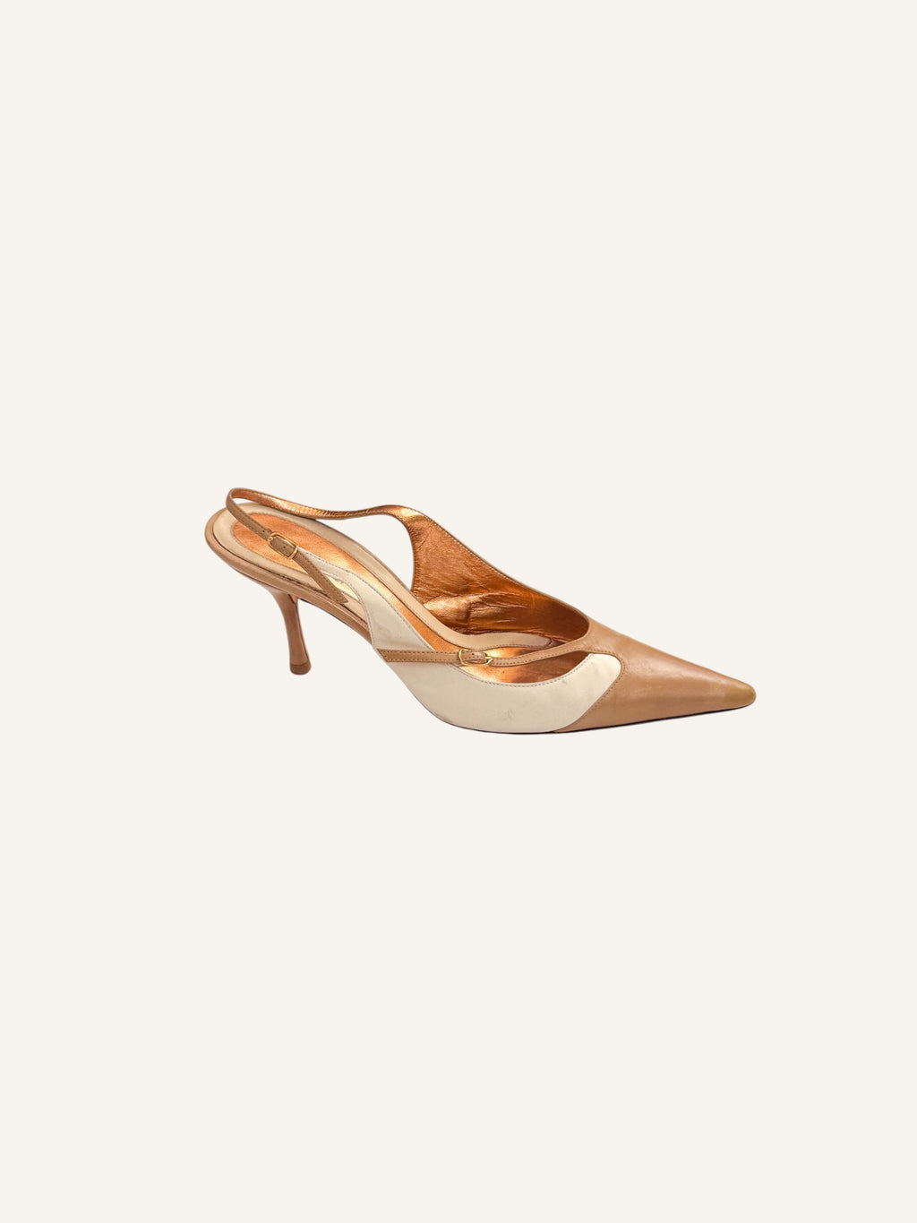 Dolce & Gabbana Tan & White Pointed Slingback Heels