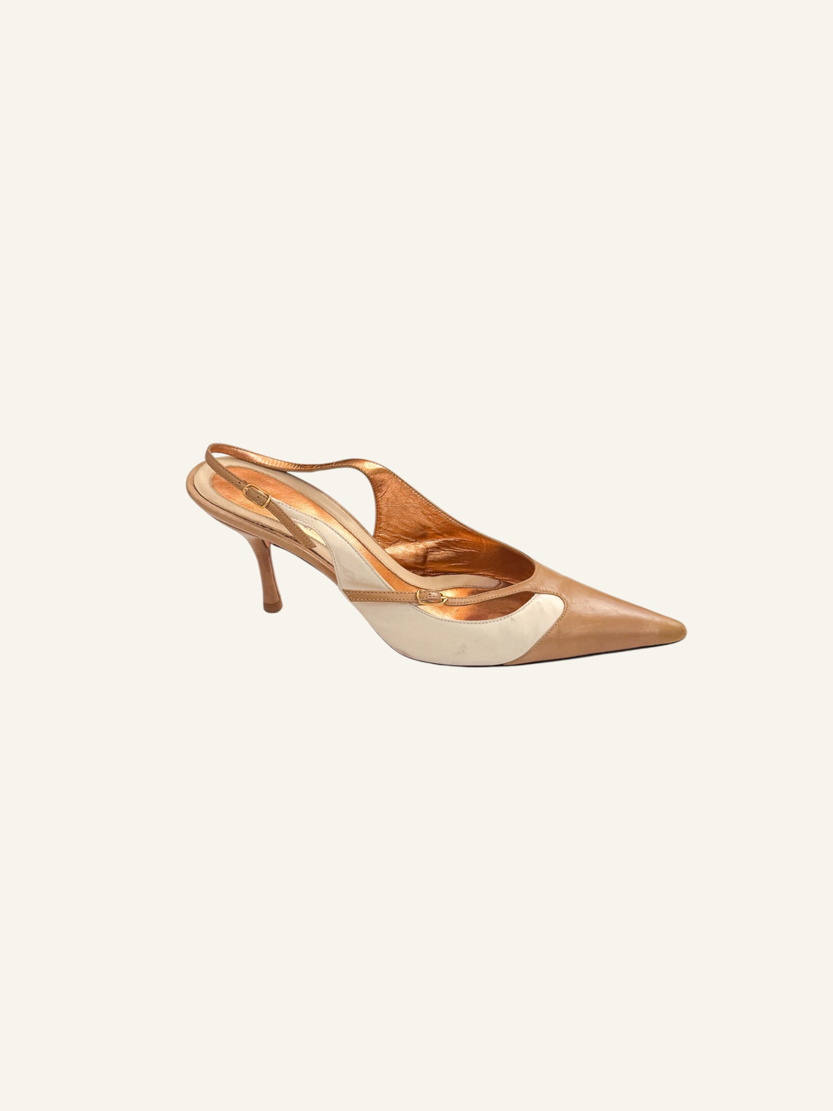 Dolce & Gabbana Tan & White Pointed Slingback Heels