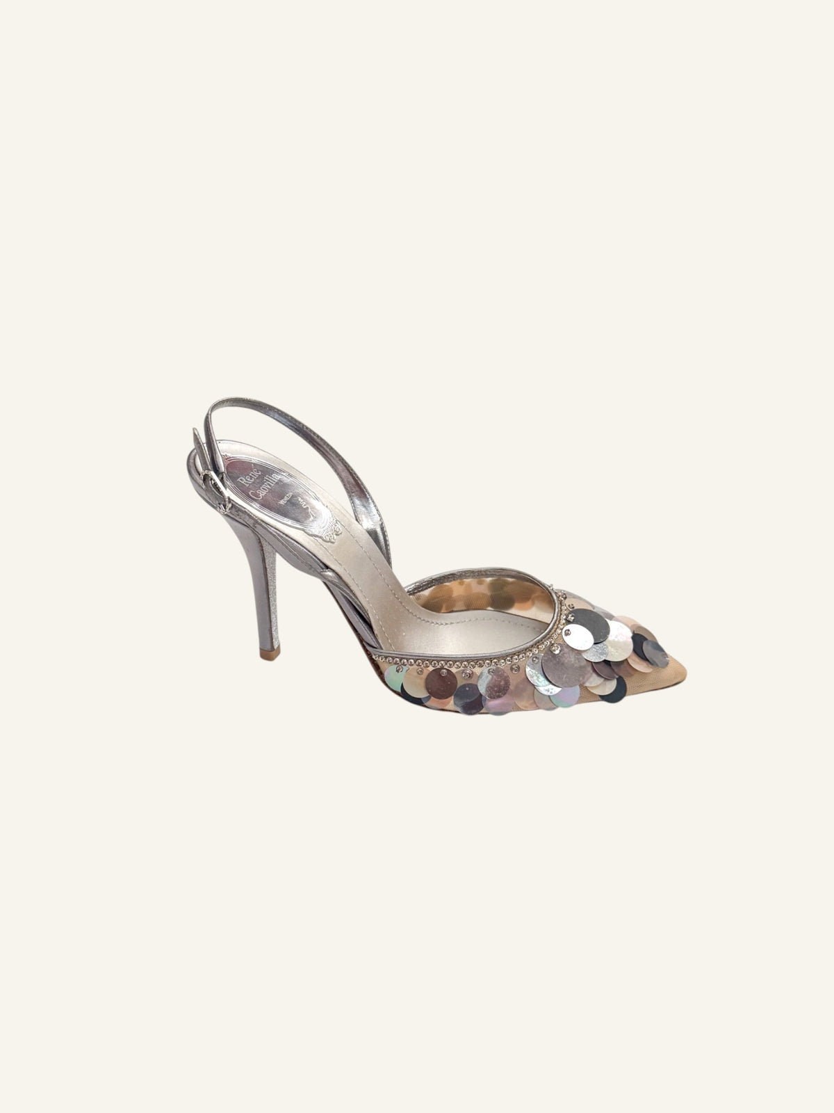 Rene Caovilla Silver Sequin Slingback Mules