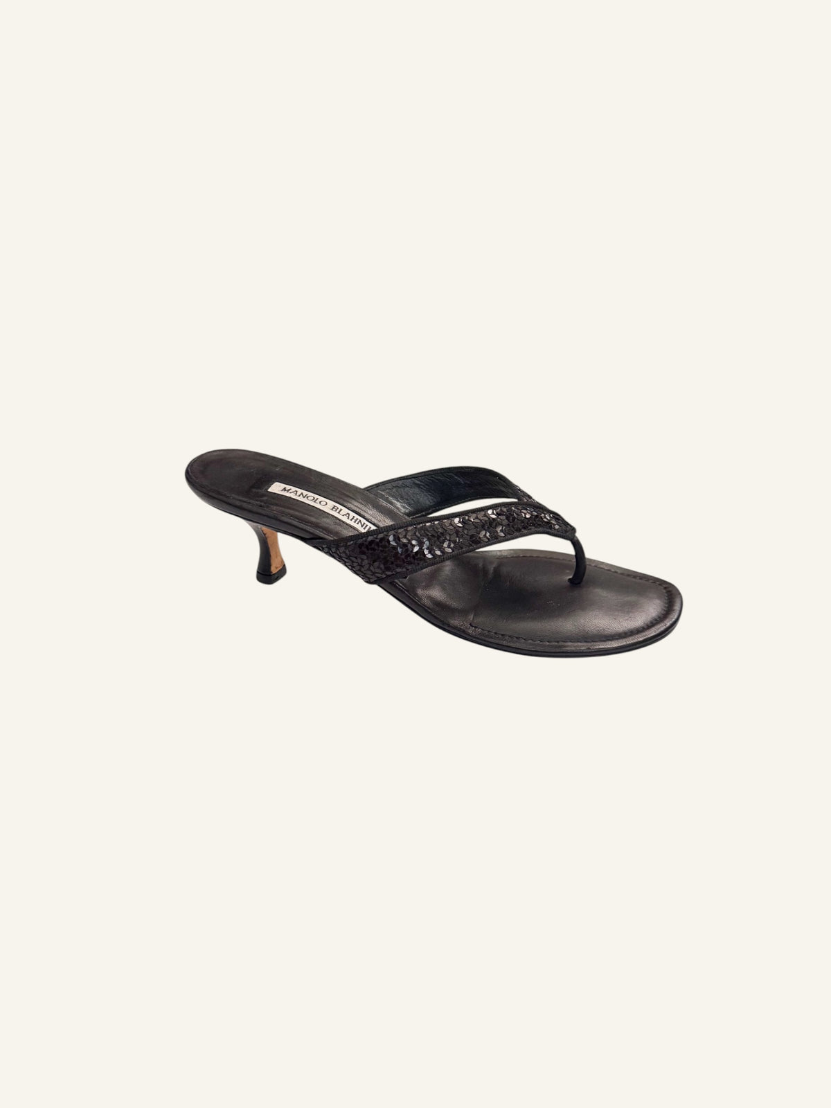 Manolo Blahnik Black Sequin Thong Heels
