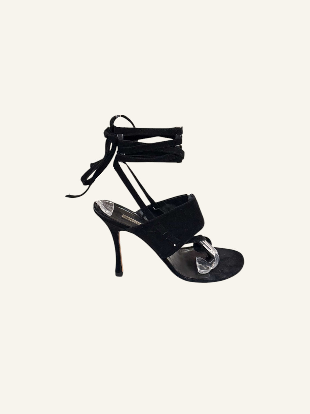 Manolo Blahnik Black Suede Lace Up Thong Heels