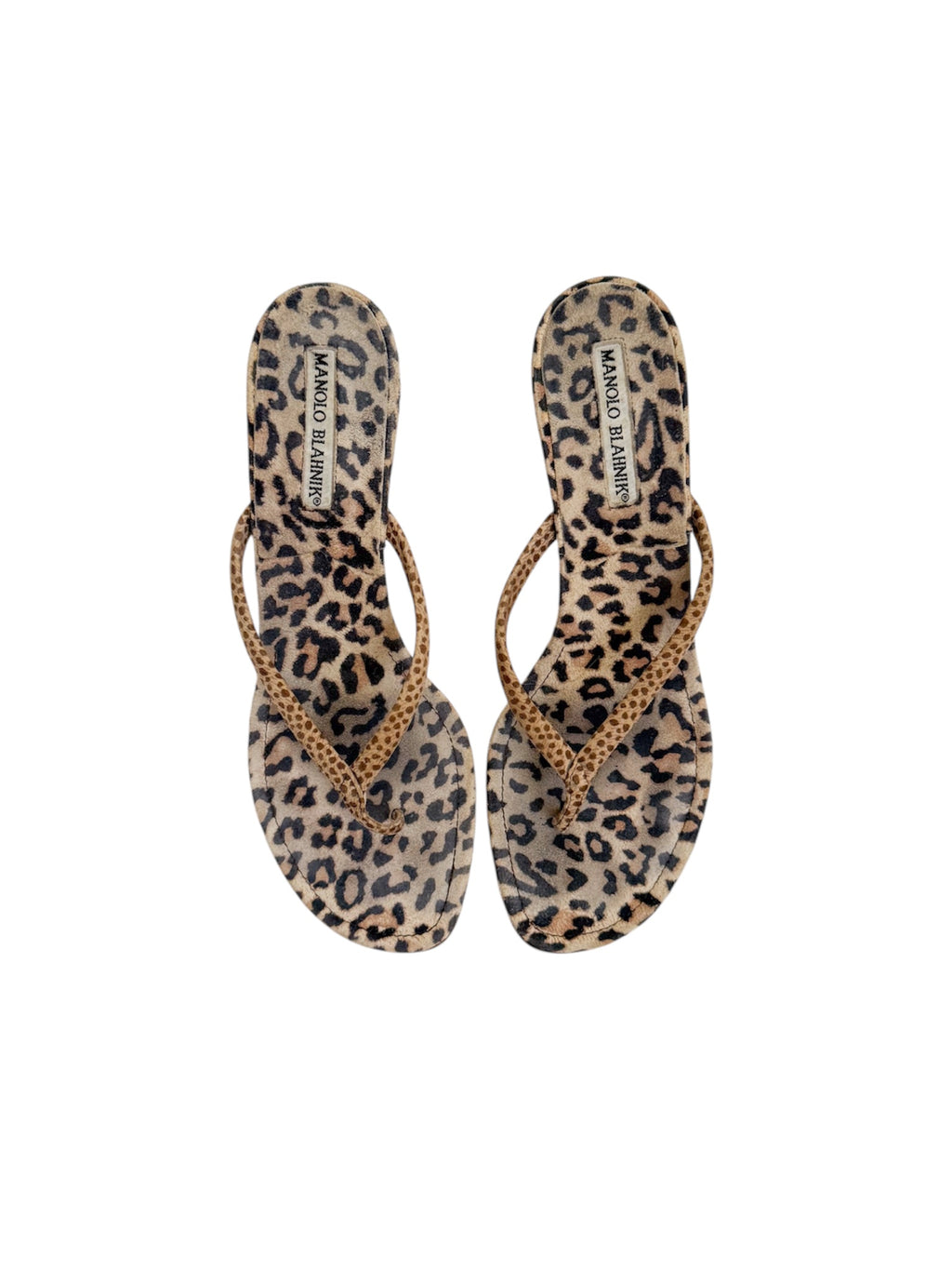 Manolo Blahnik Leopard & Cheetah Suede Thong Sandal Heels