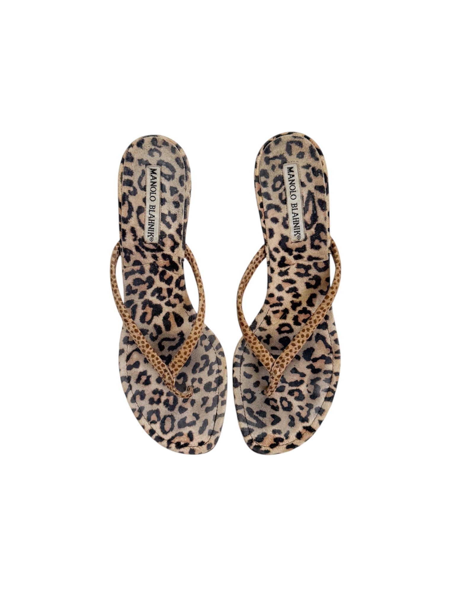 Manolo Blahnik Leopard & Cheetah Suede Thong Sandal Heels