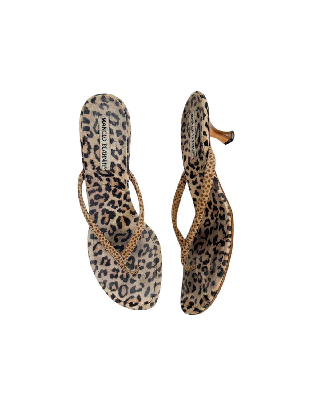 Manolo Blahnik Leopard & Cheetah Suede Thong Sandal Heels