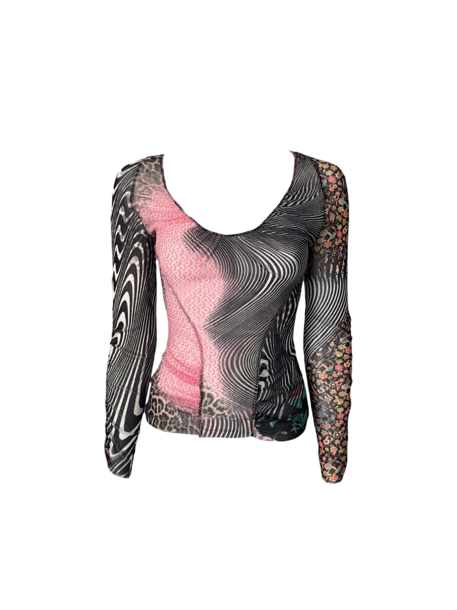 Roberto Cavalli Class Leopard Pink Floral Swirl Mesh Top