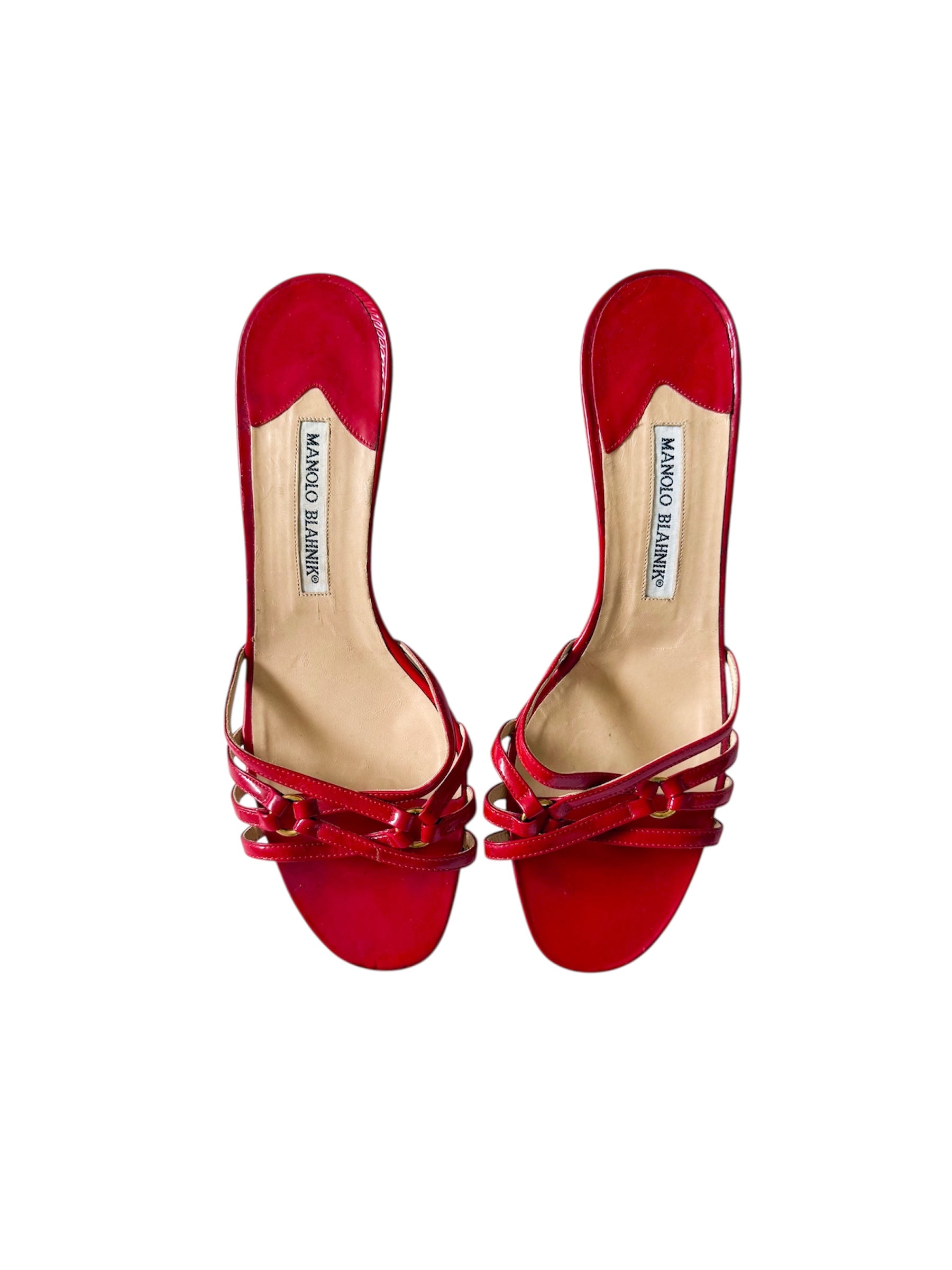 Manolo Blahnik Red Strappy Kitten Heels with Gold Buckles