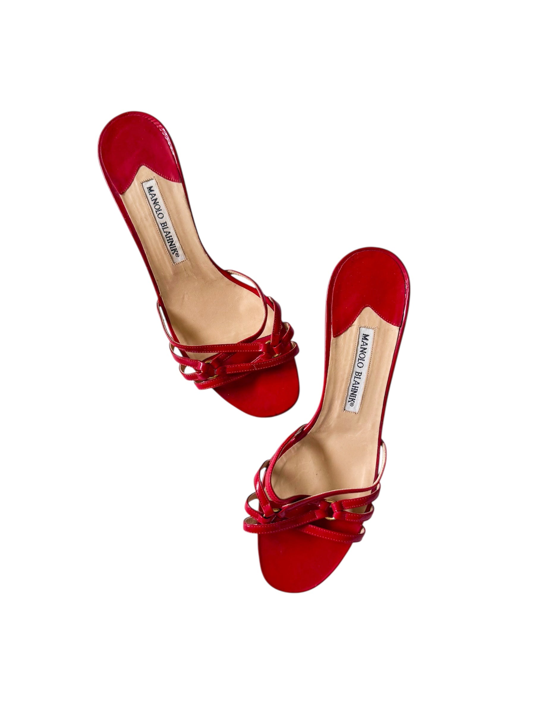 Manolo Blahnik Red Strappy Kitten Heels with Gold Buckles