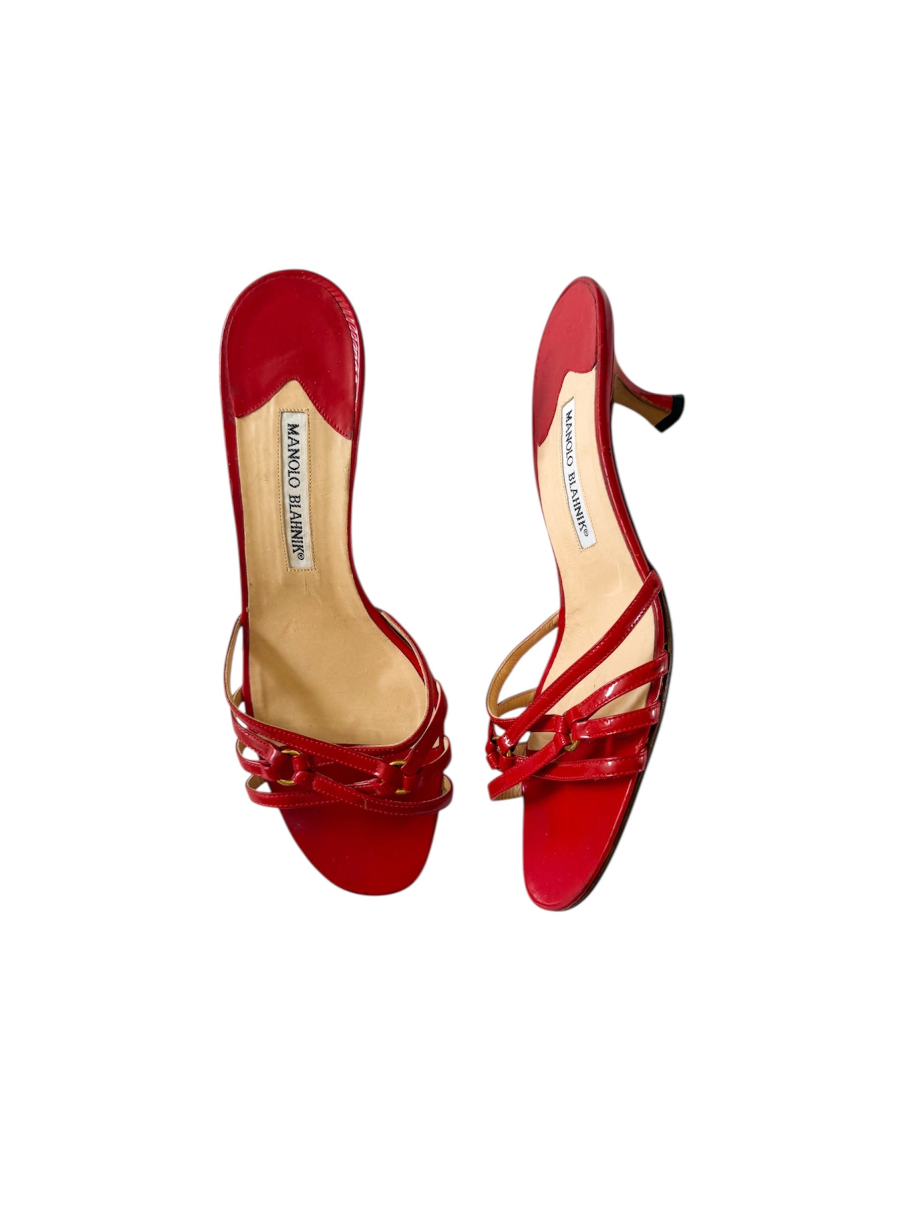 Manolo Blahnik Red Strappy Kitten Heels with Gold Buckles