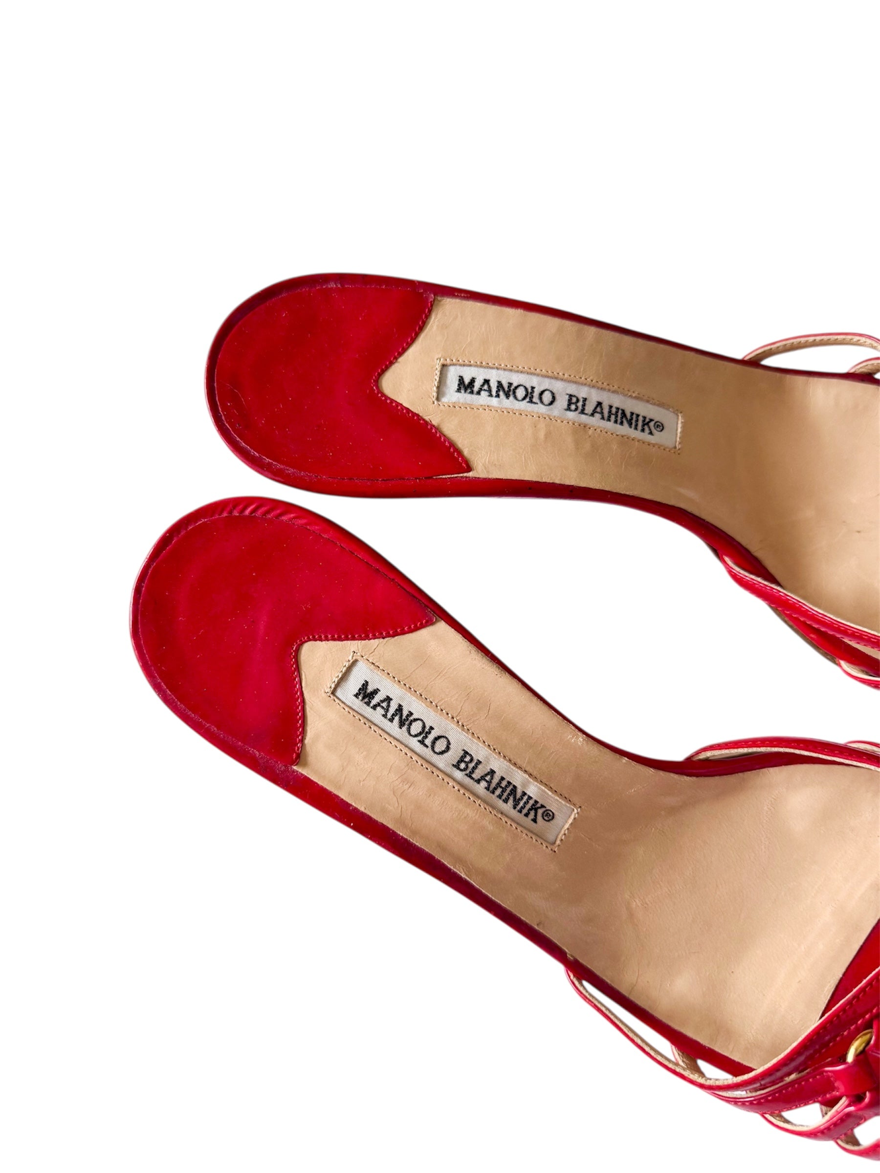 Manolo Blahnik Red Strappy Kitten Heels with Gold Buckles