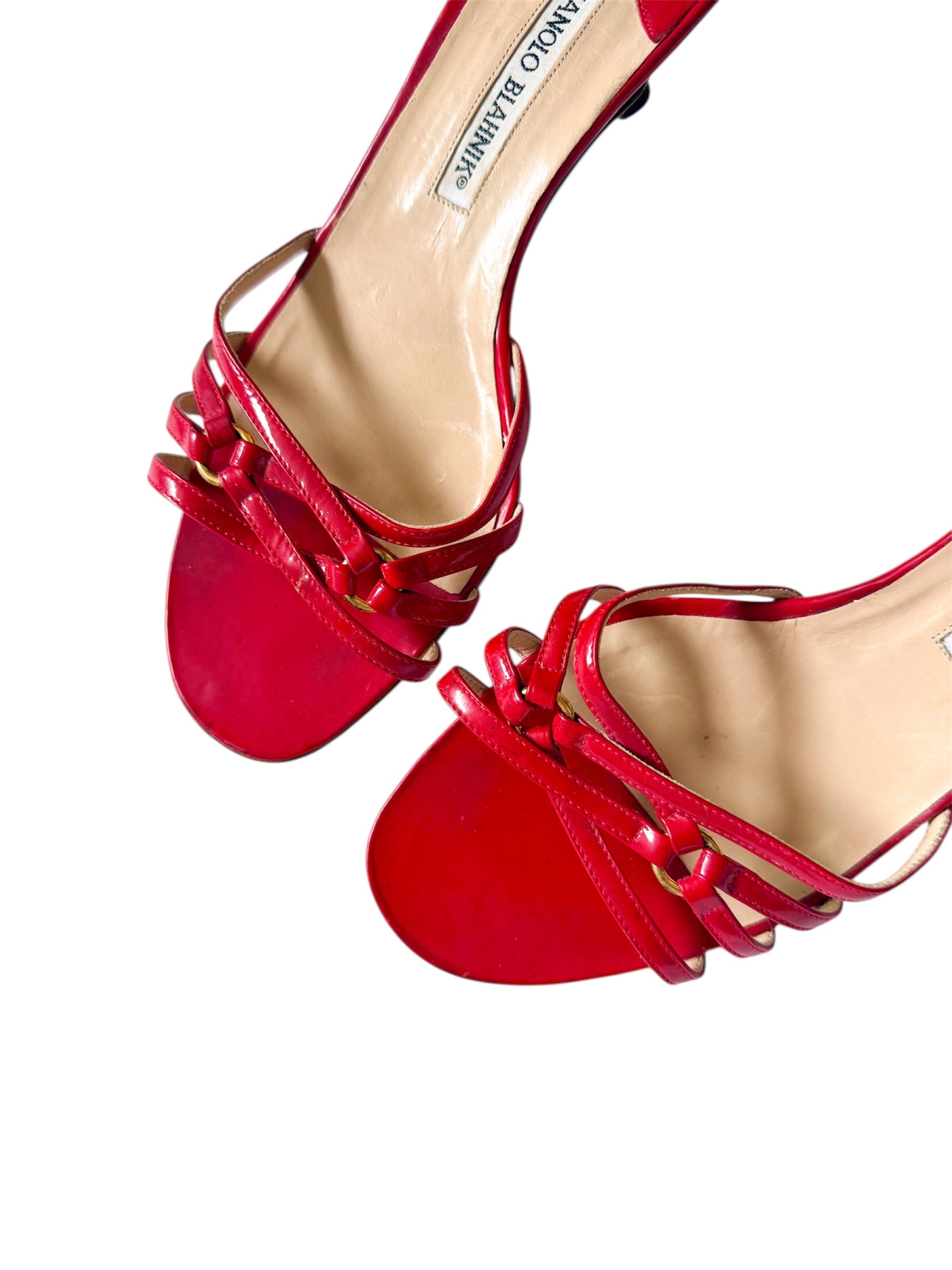 Manolo Blahnik Red Strappy Kitten Heels with Gold Buckles