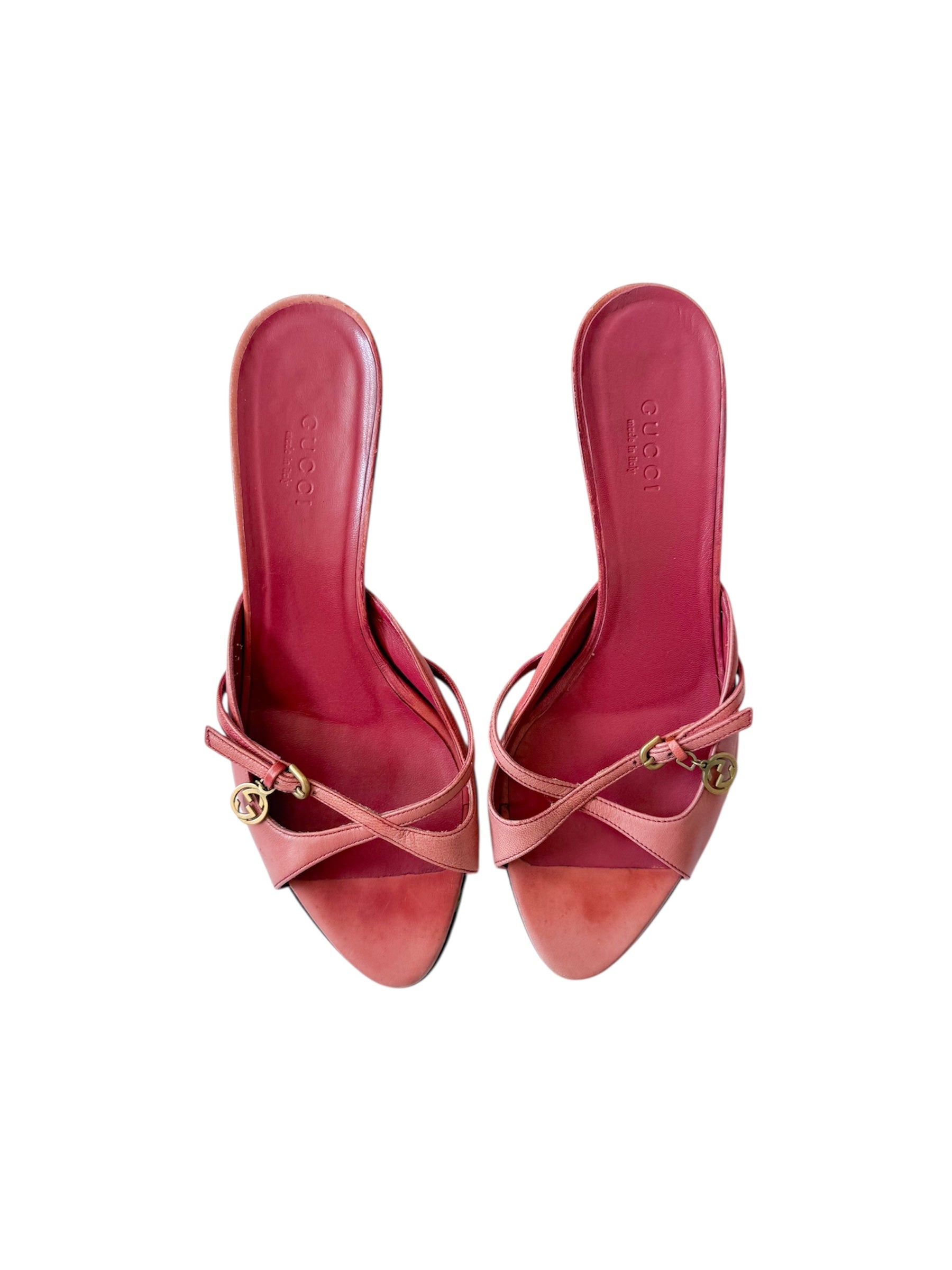 Gucci Dusty Rose Gold GG Charm Strappy Heels