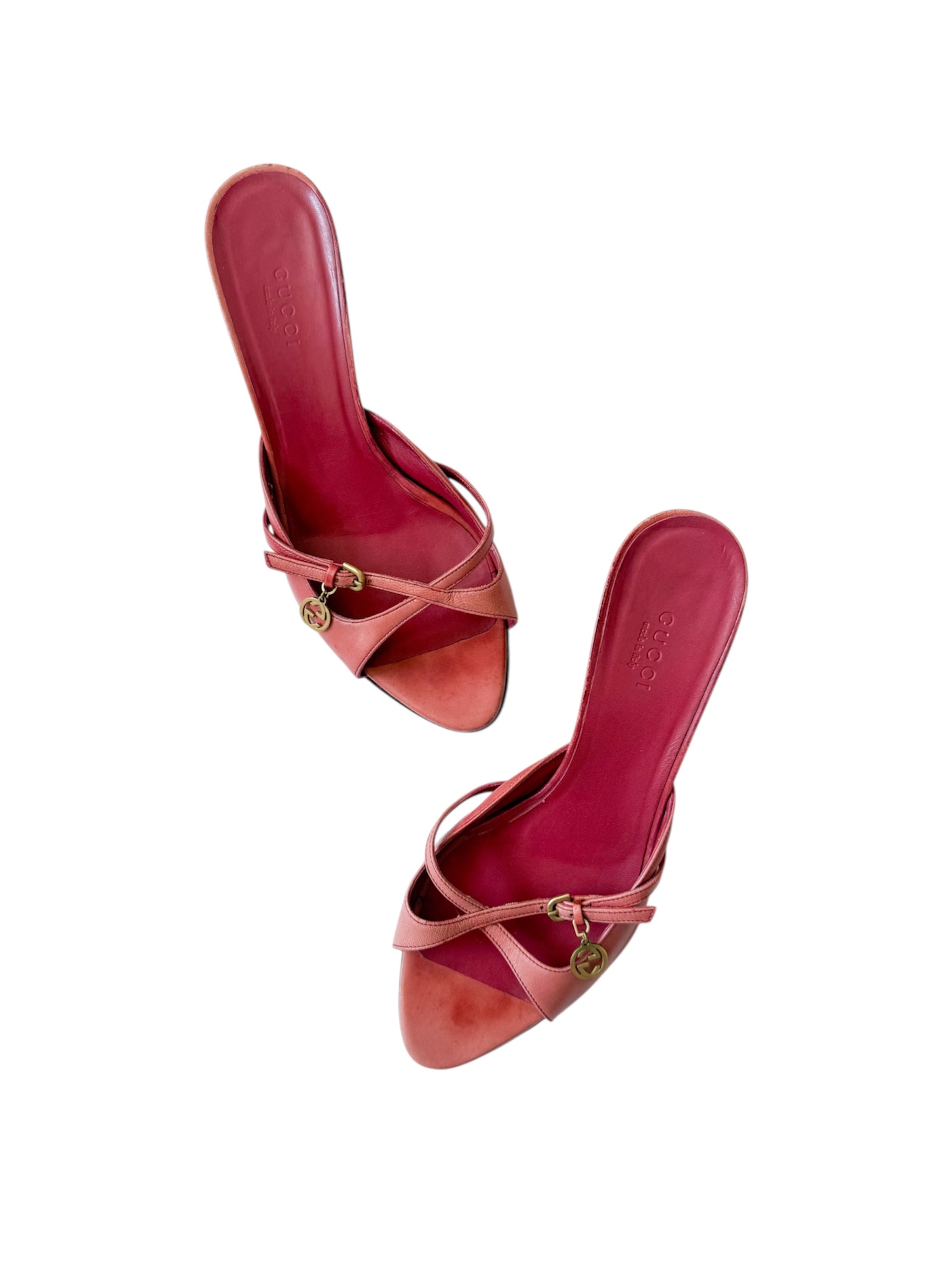 Gucci Dusty Rose Gold GG Charm Strappy Heels