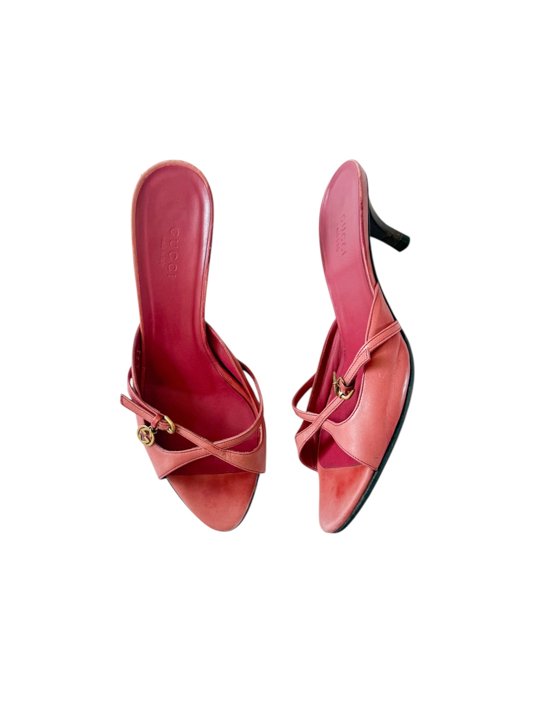 Gucci Dusty Rose Gold GG Charm Strappy Heels