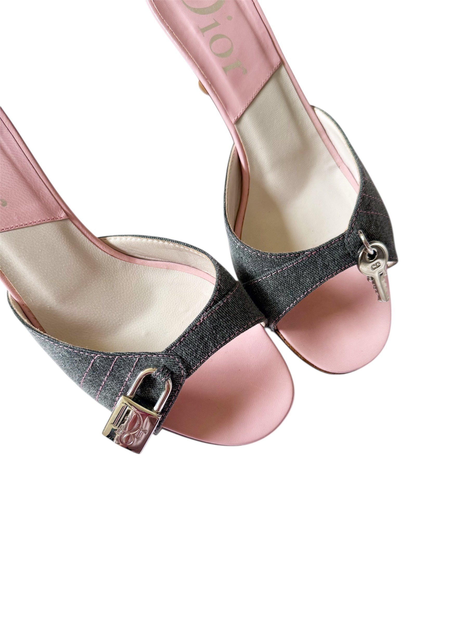 Christian Dior Baby Pink & Denim Lock & Key Kitten Heels