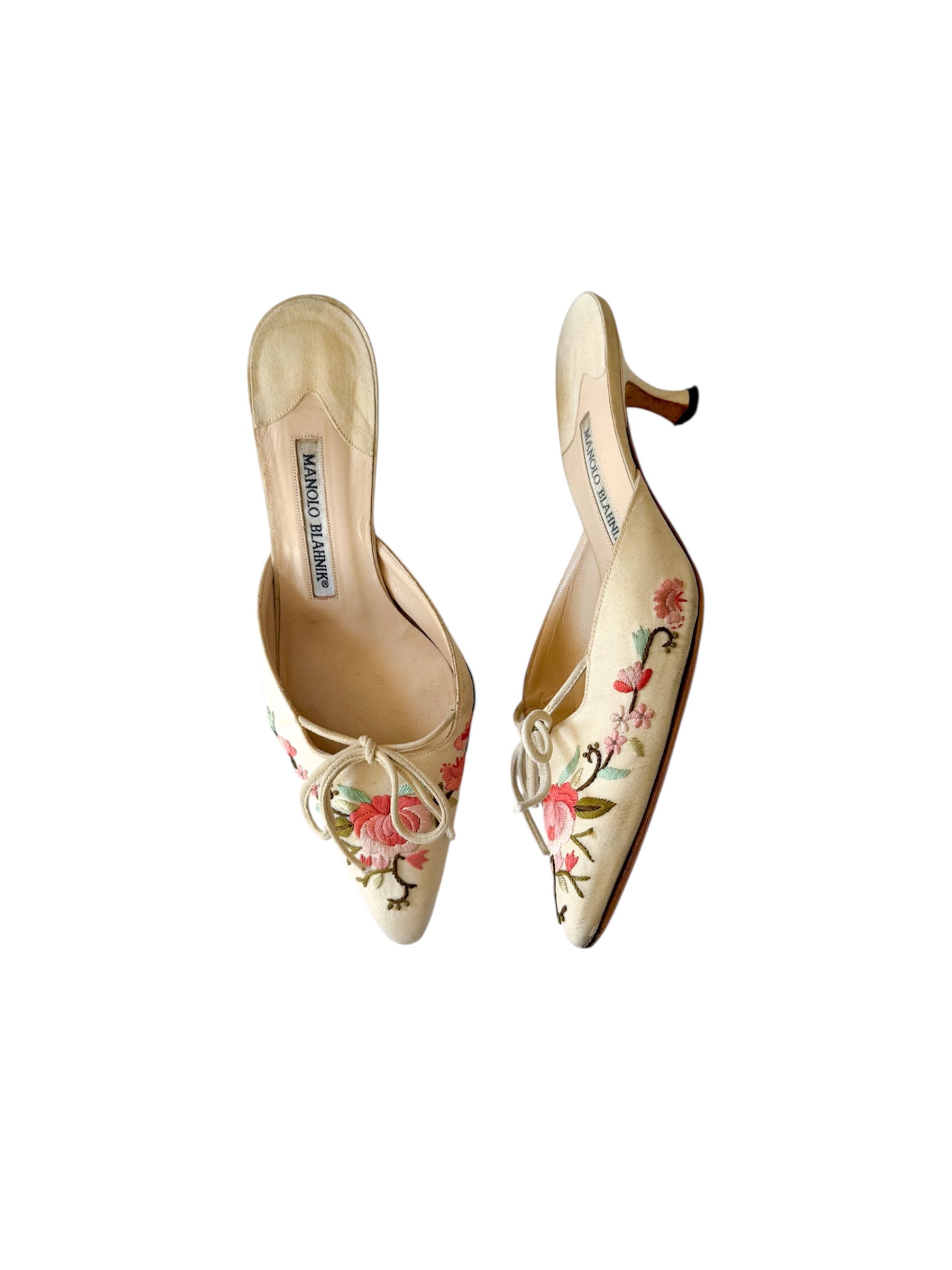 Manolo Blahnik Floral Embroidery Bow Mules