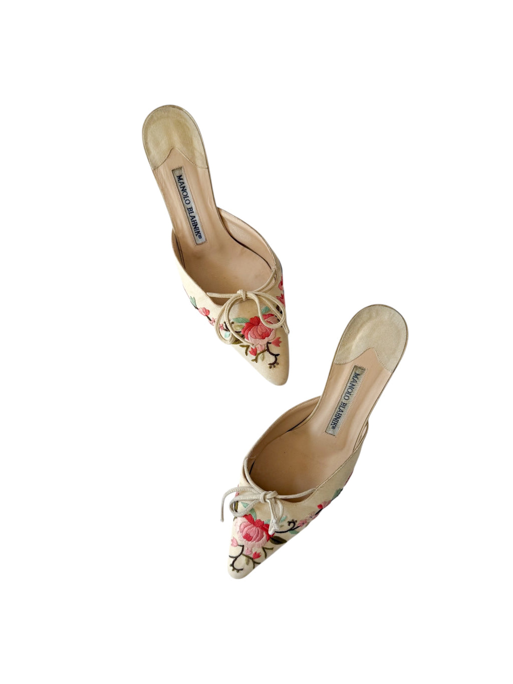Manolo Blahnik Floral Embroidery Bow Mules