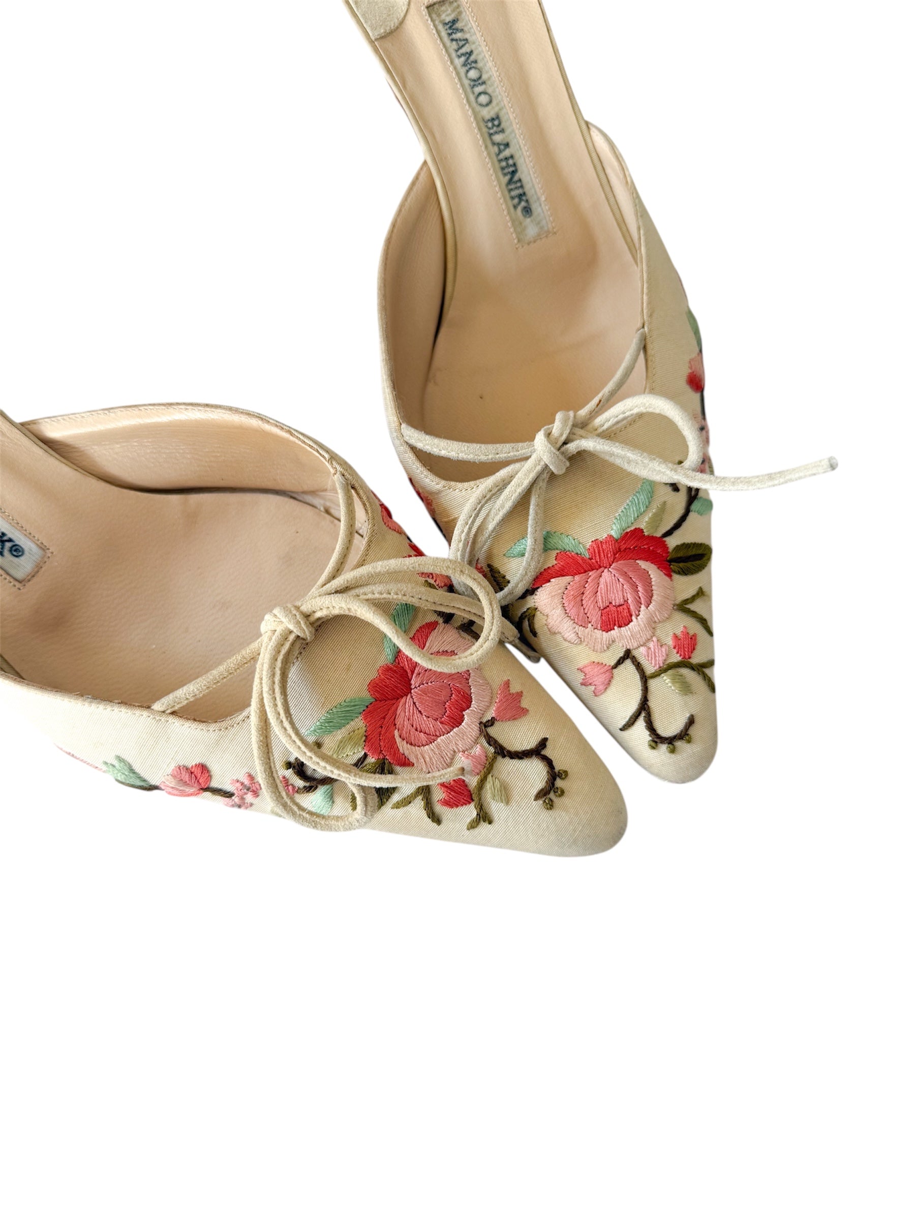 Manolo Blahnik Floral Embroidery Bow Mules