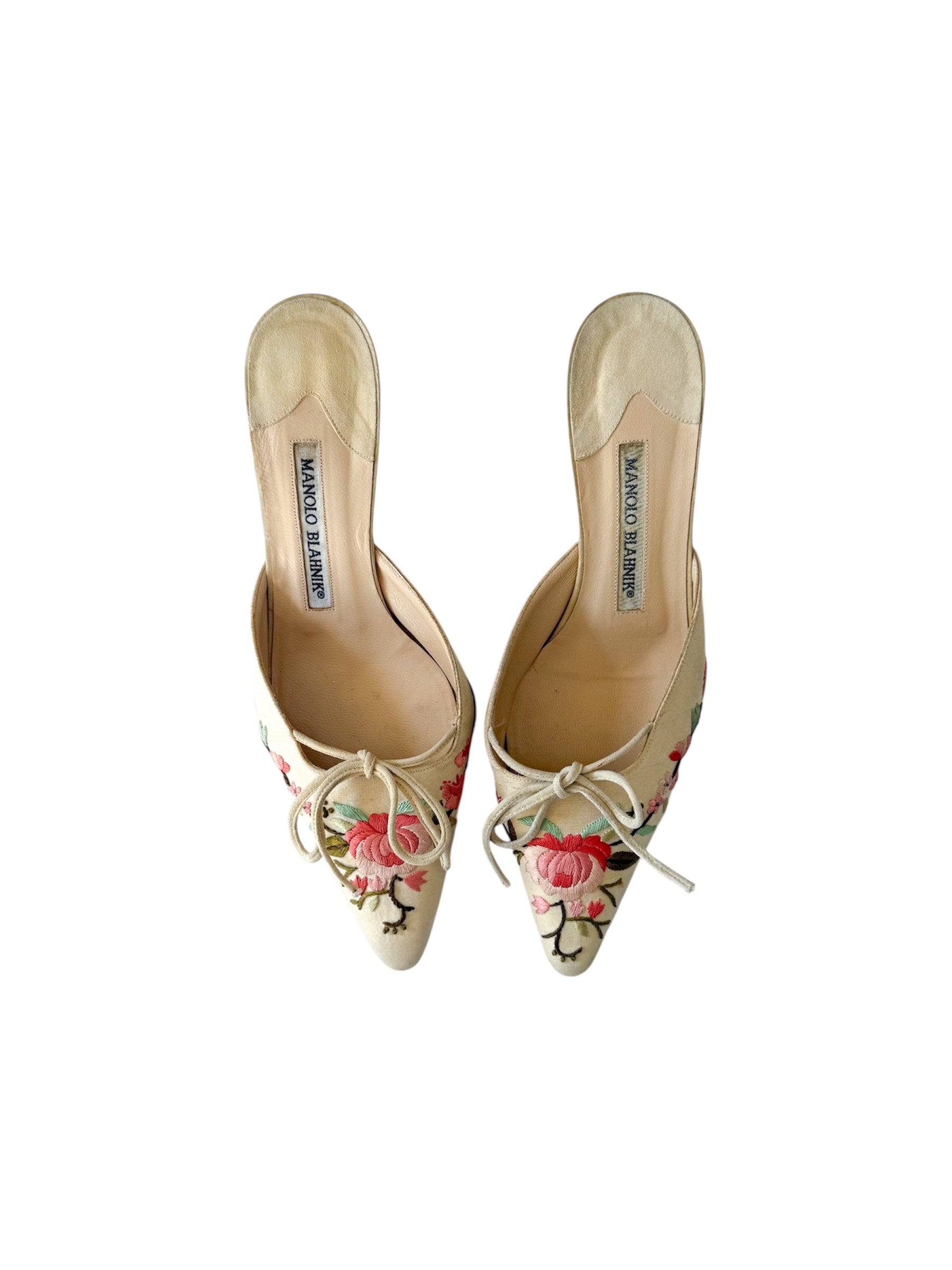 Manolo Blahnik Floral Embroidery Bow Mules