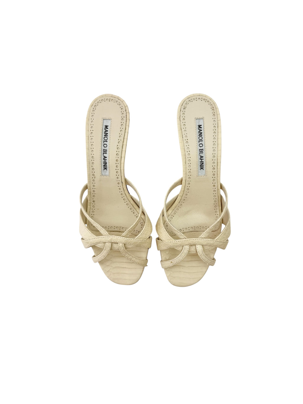 Manolo Blahnik White Crocodile Kitten Heels