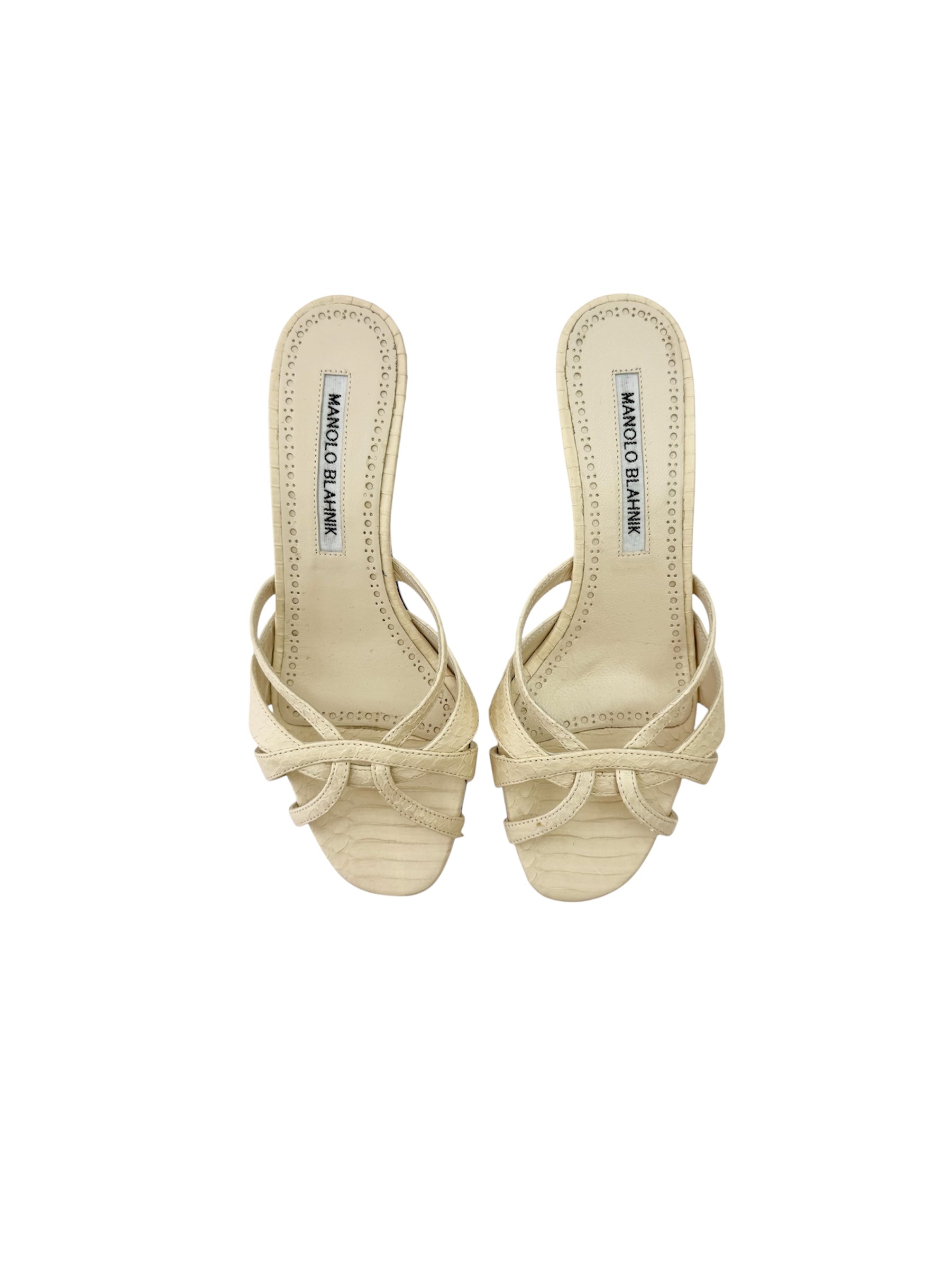 Manolo Blahnik White Crocodile Kitten Heels