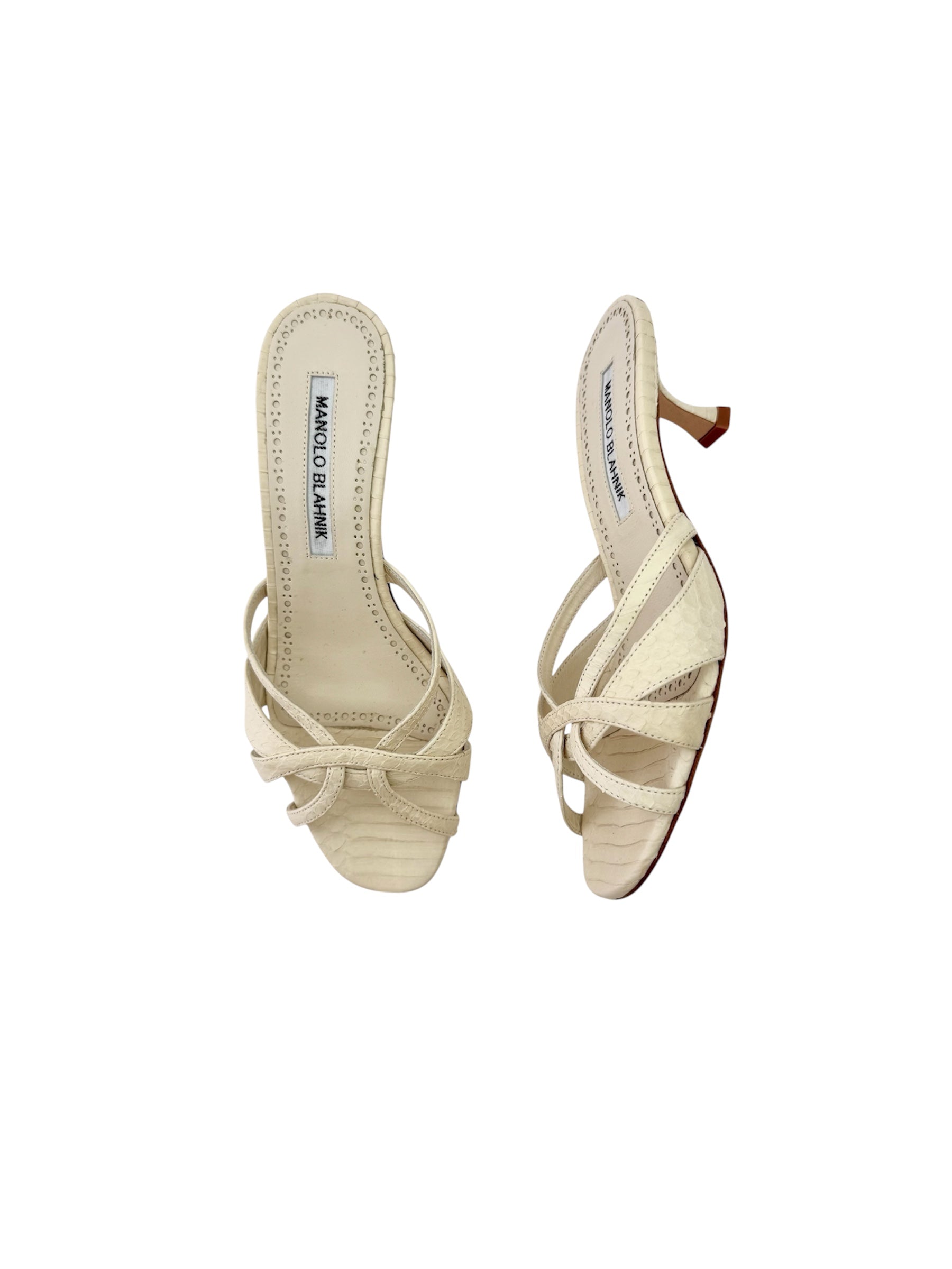 Manolo Blahnik White Crocodile Kitten Heels