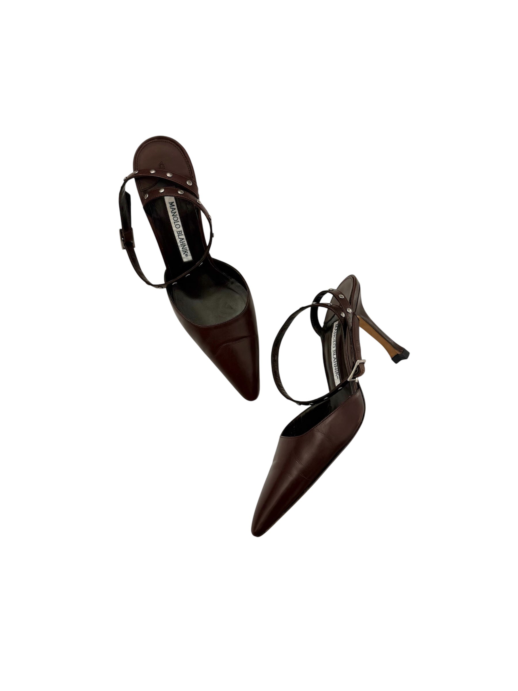 Manolo Blahnik Brown Strappy Silver Stud Heels