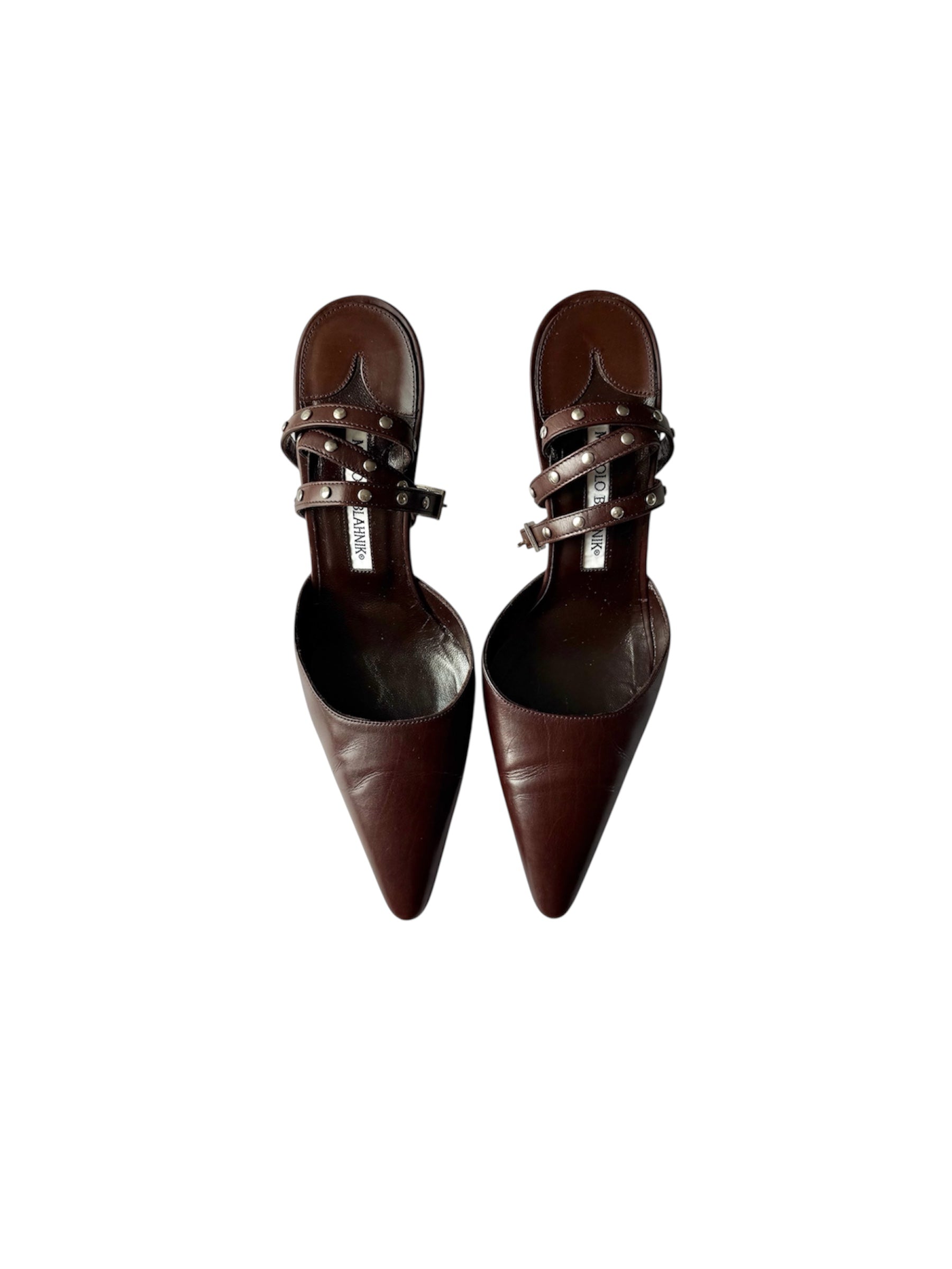 Manolo Blahnik Brown Strappy Silver Stud Heels