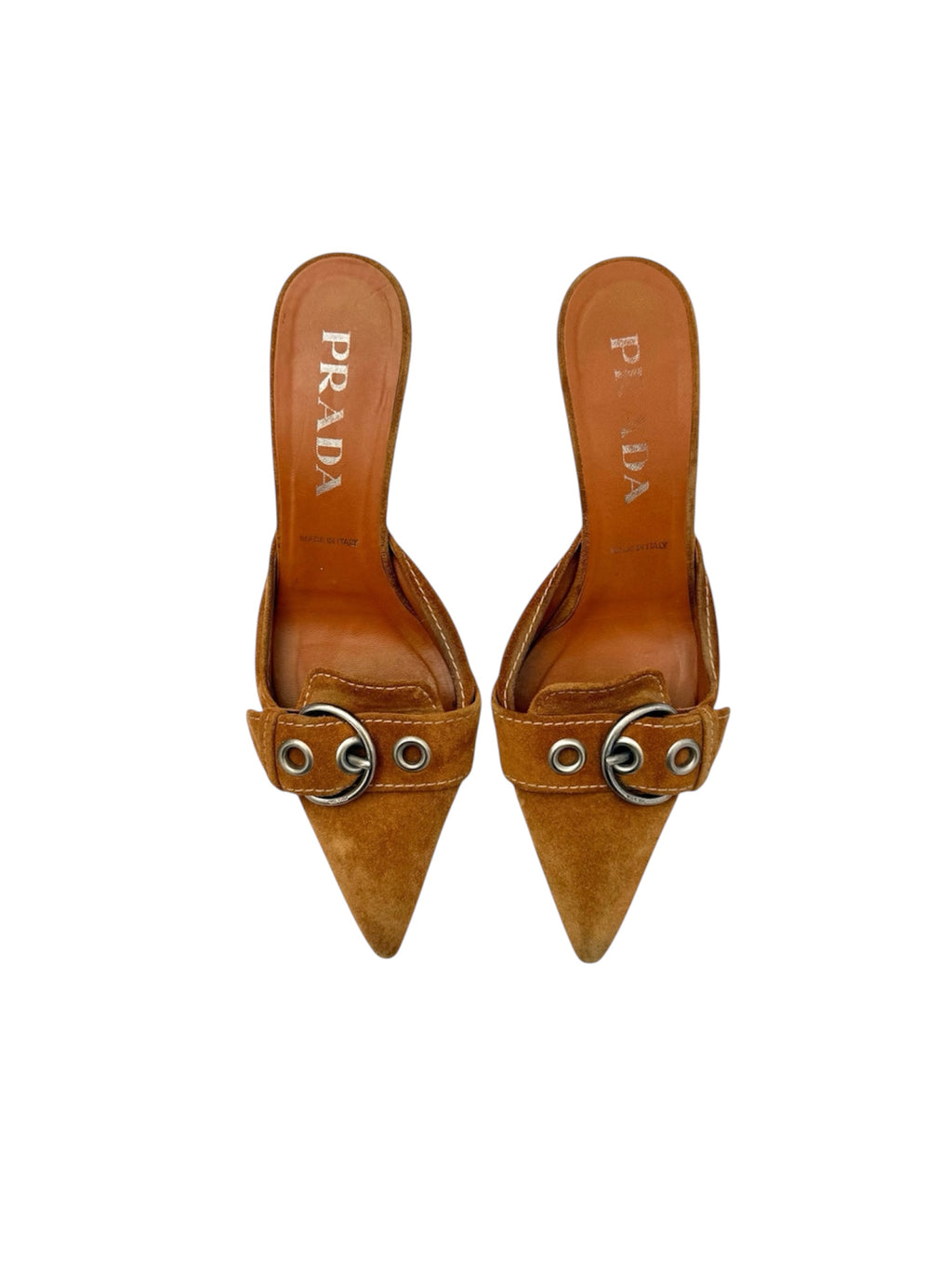 Prada Tan Suede Buckle Pointed Toe Heels