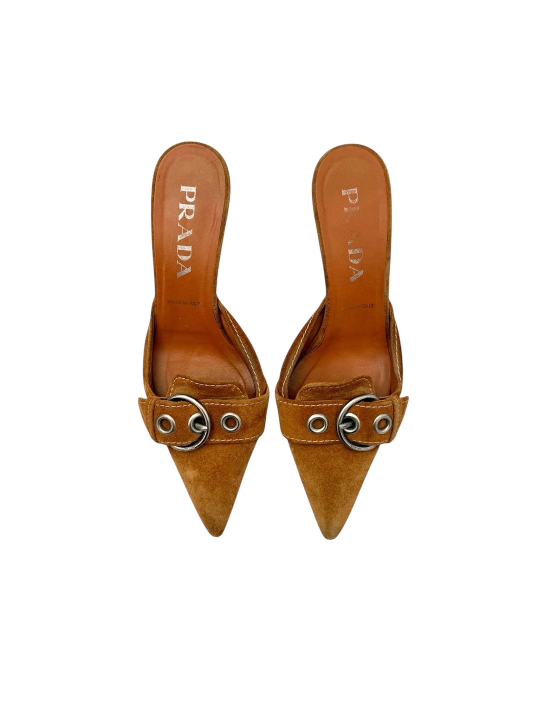Prada Tan Suede Buckle Pointed Toe Heels