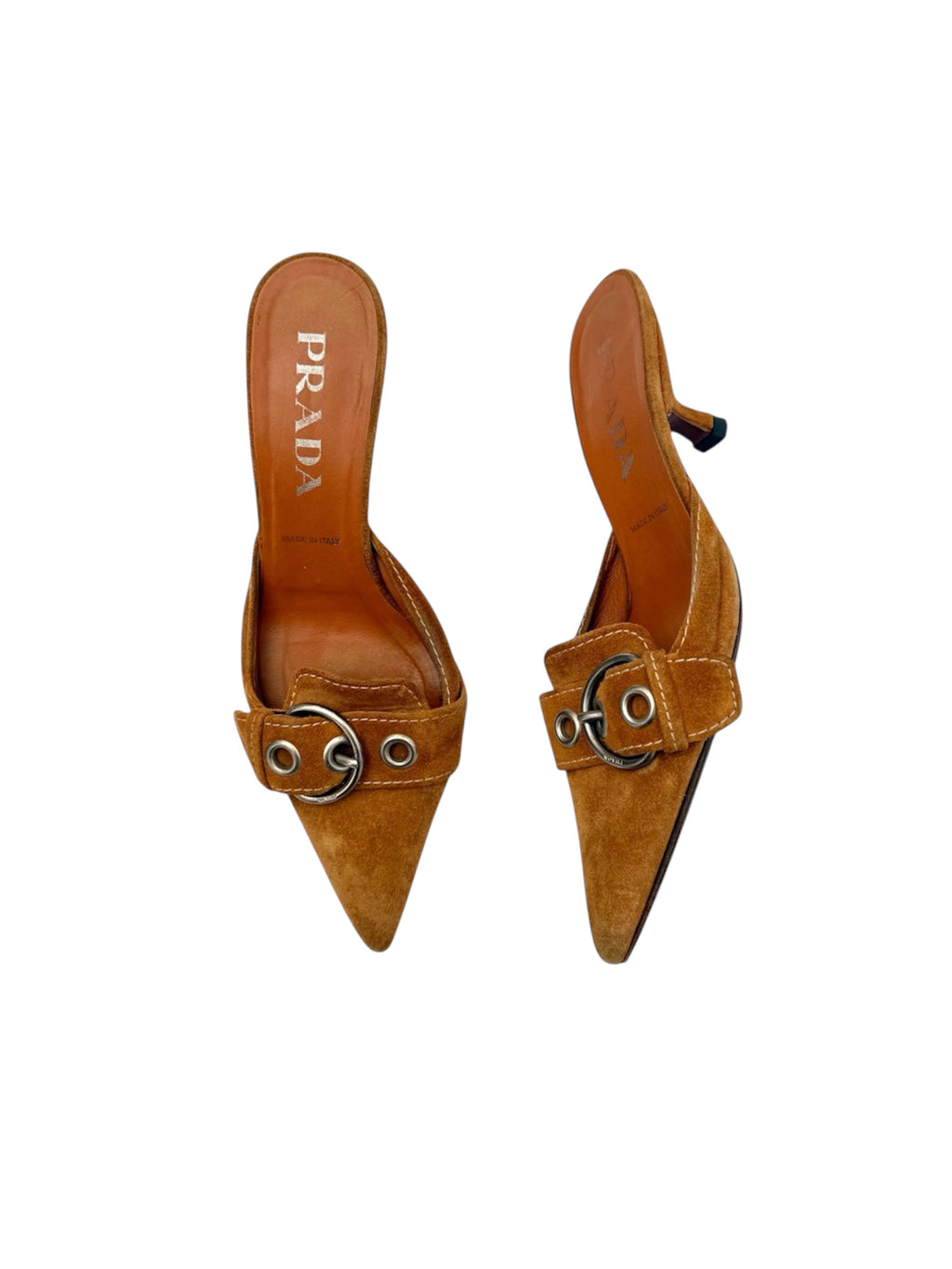 Prada Tan Suede Buckle Pointed Toe Heels