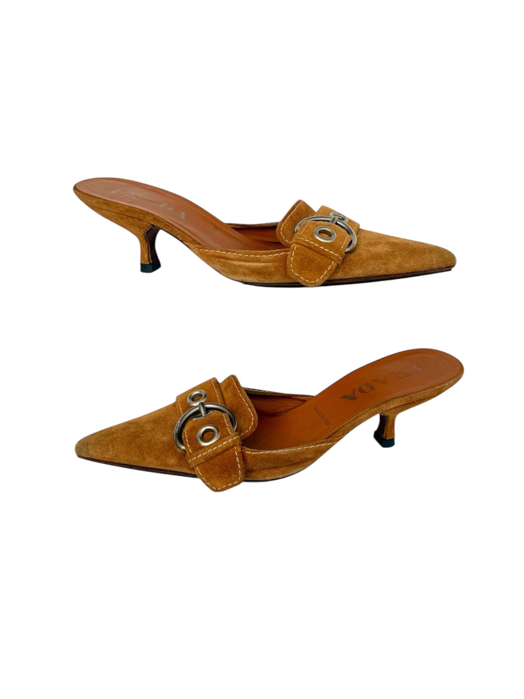 Prada Tan Suede Buckle Pointed Toe Heels
