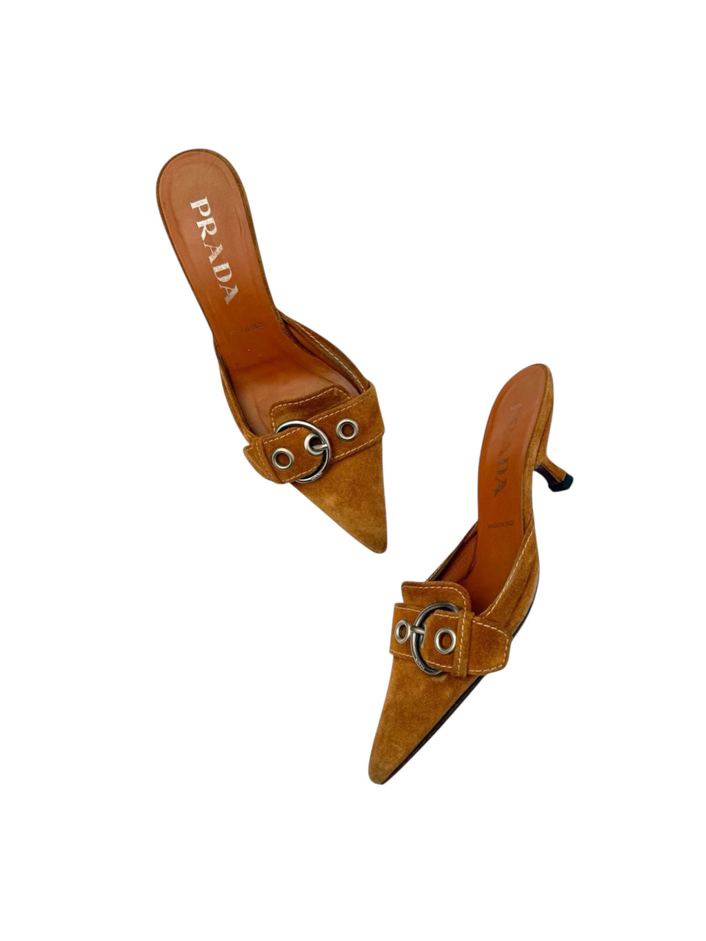 Prada Tan Suede Buckle Pointed Toe Heels