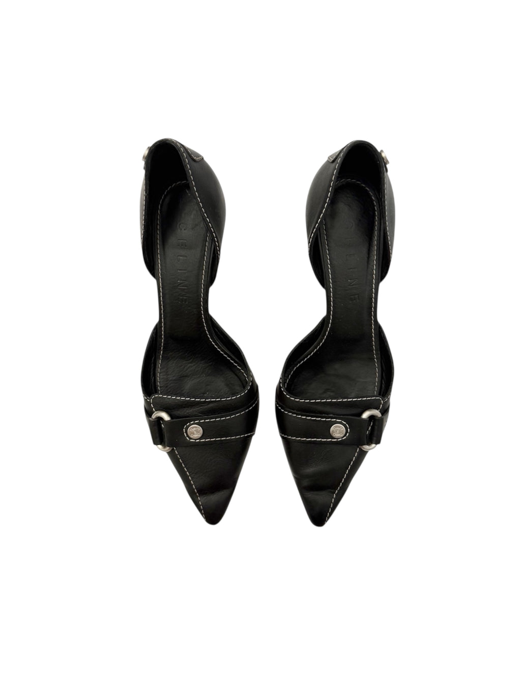 Celine Black Leather Silver D'Orsay Pointed Heels